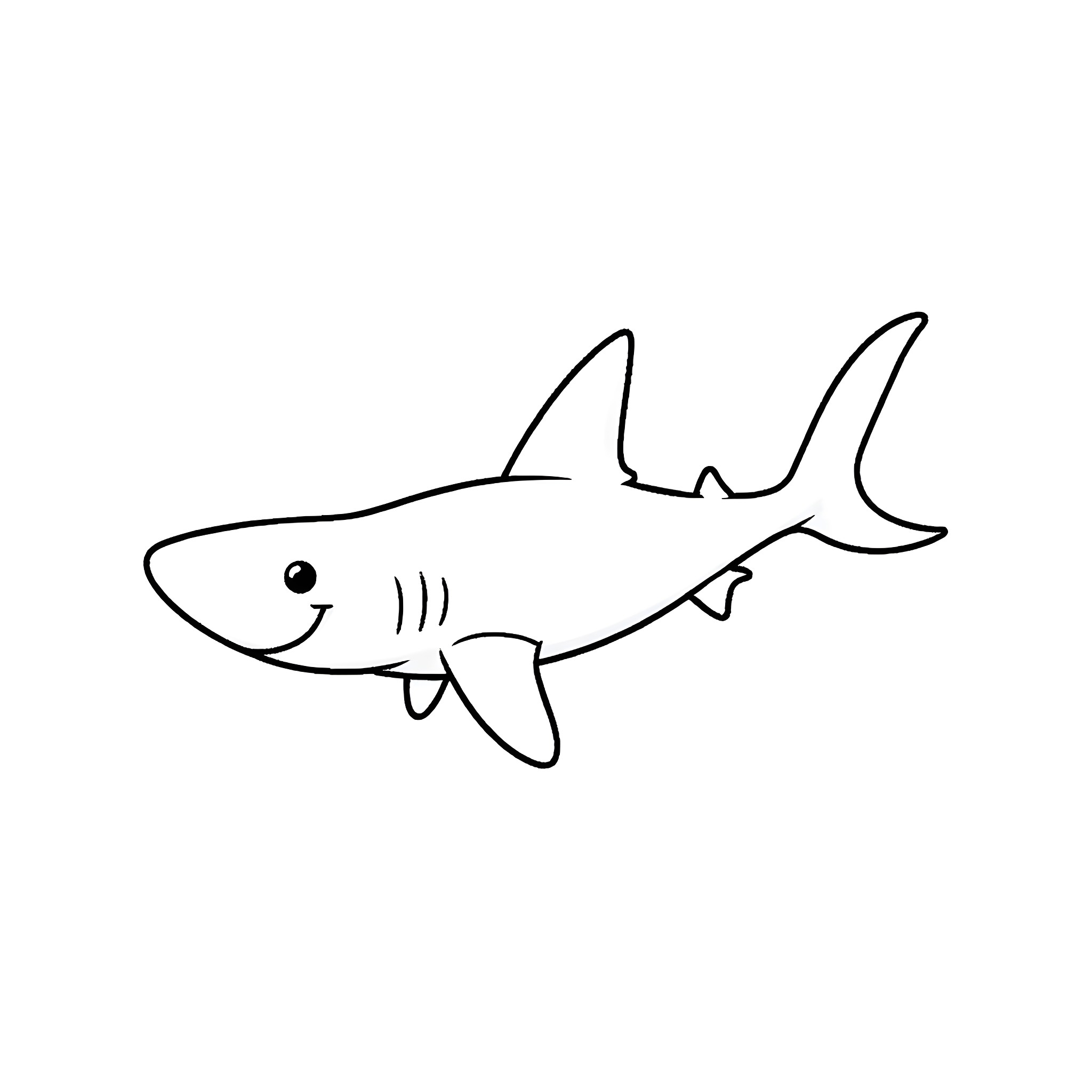 Shark swimming happily in the ocean Coloring Page (free black-and-white line drawing printable PDF for all, from beginners to advanced learners, including children, teens, adults, and seniors)