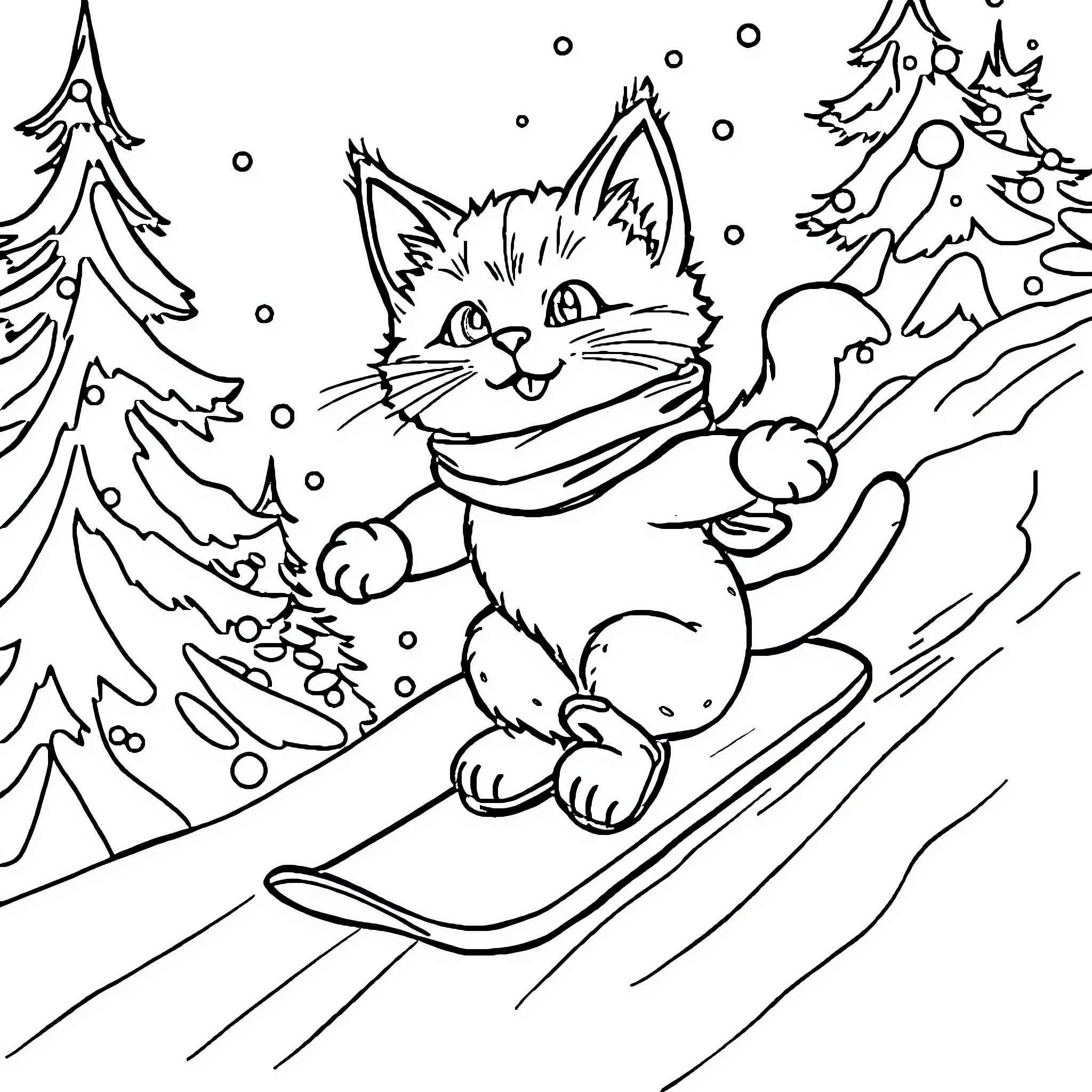 Cat sledding down snowy mountain with Christmas trees Coloring Page (free black-and-white line drawing printable PDF for all, from beginners to advanced learners, including children, teens, adults, and seniors)