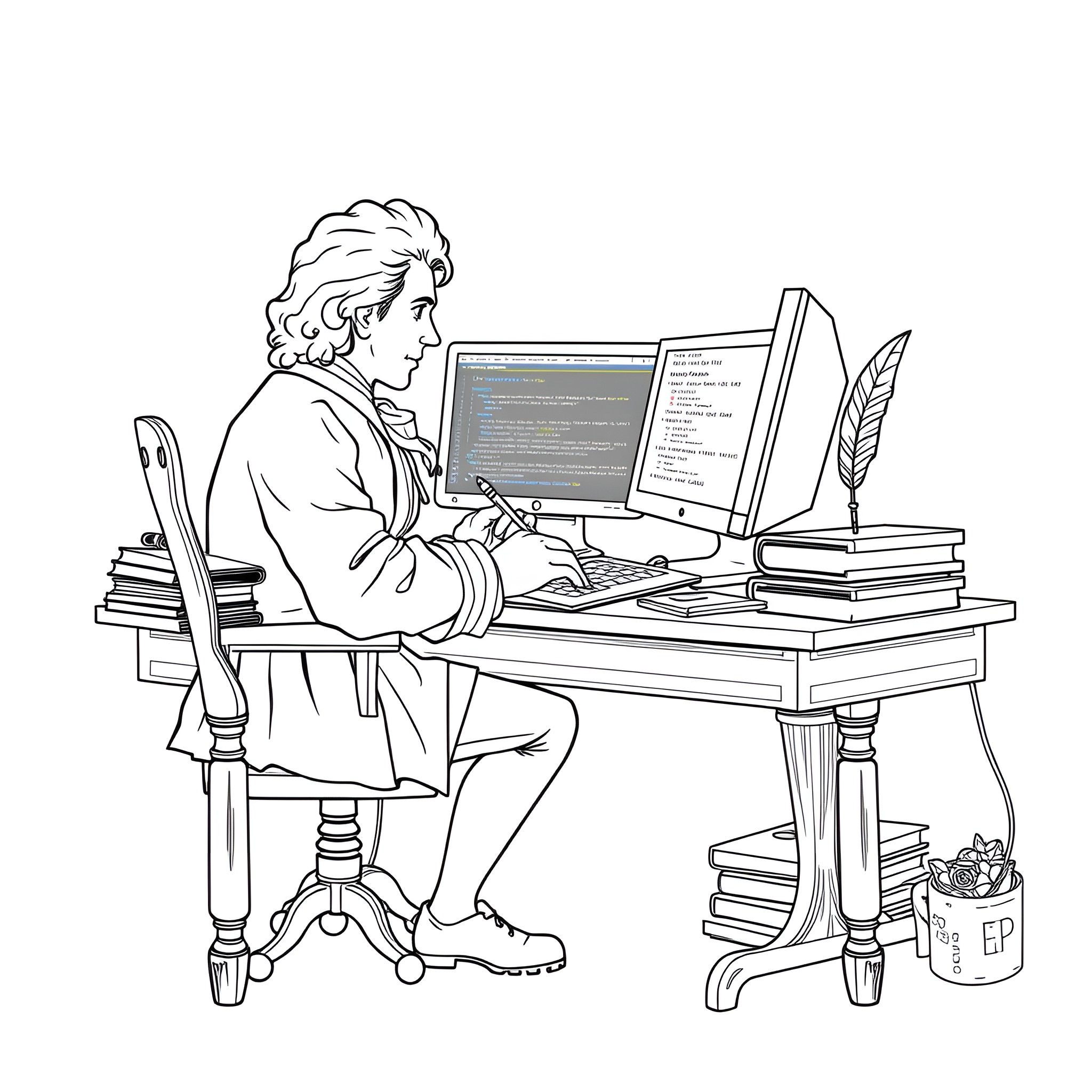Mozart composing music at his desktop computer Coloring Page (free black-and-white line drawing printable PDF for all, from beginners to advanced learners, including children, teens, adults, and seniors)