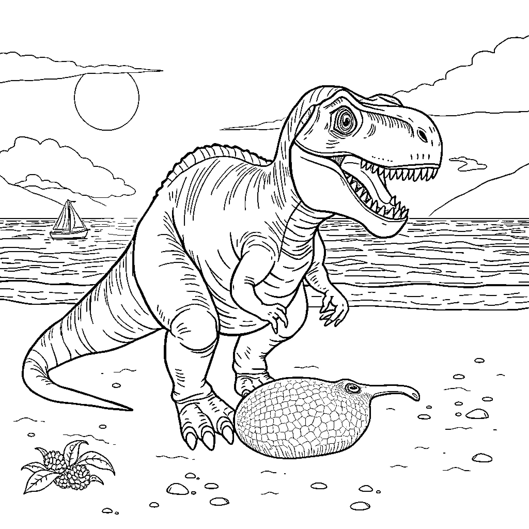 Tyrannosaurus Rex hunting near the ocean Coloring Page (free black-and-white line drawing printable PDF for all, from beginners to advanced learners, including children, teens, adults, and seniors)