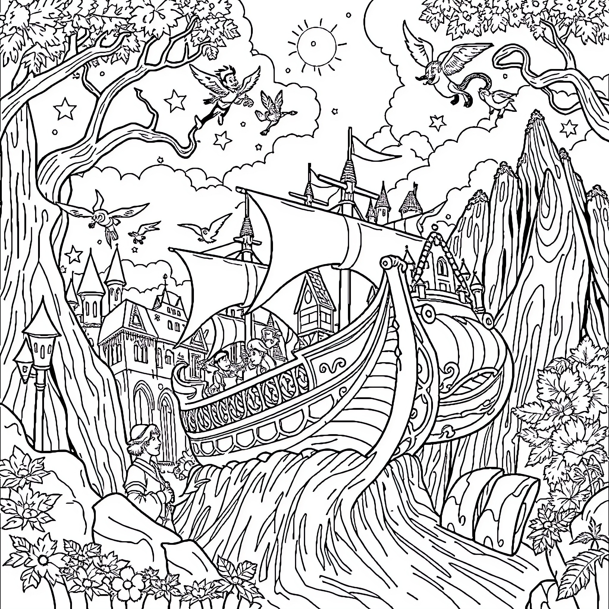 Peter Pan's Magical Adventure in Neverland Coloring Page (free black-and-white line drawing printable PDF for all, from beginners to advanced learners, including children, teens, adults, and seniors)