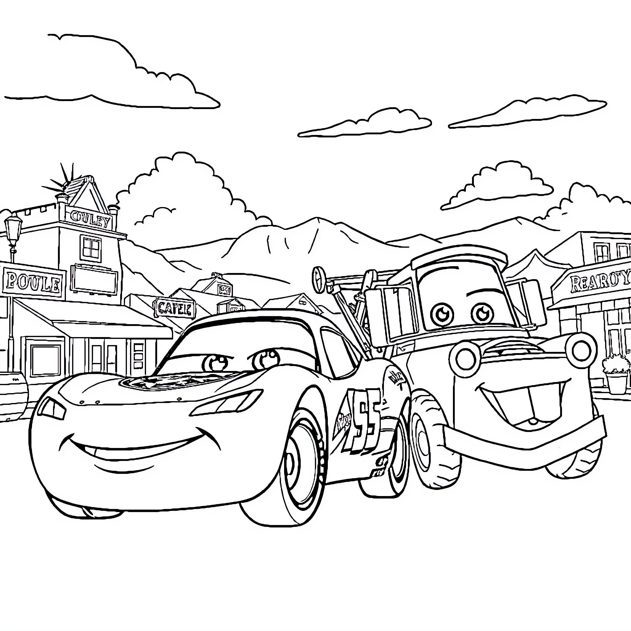 Lightning McQueen and Mater's Cartoon Adventures Coloring Page (free black-and-white line drawing printable PDF for all, from beginners to advanced learners, including children, teens, adults, and seniors)