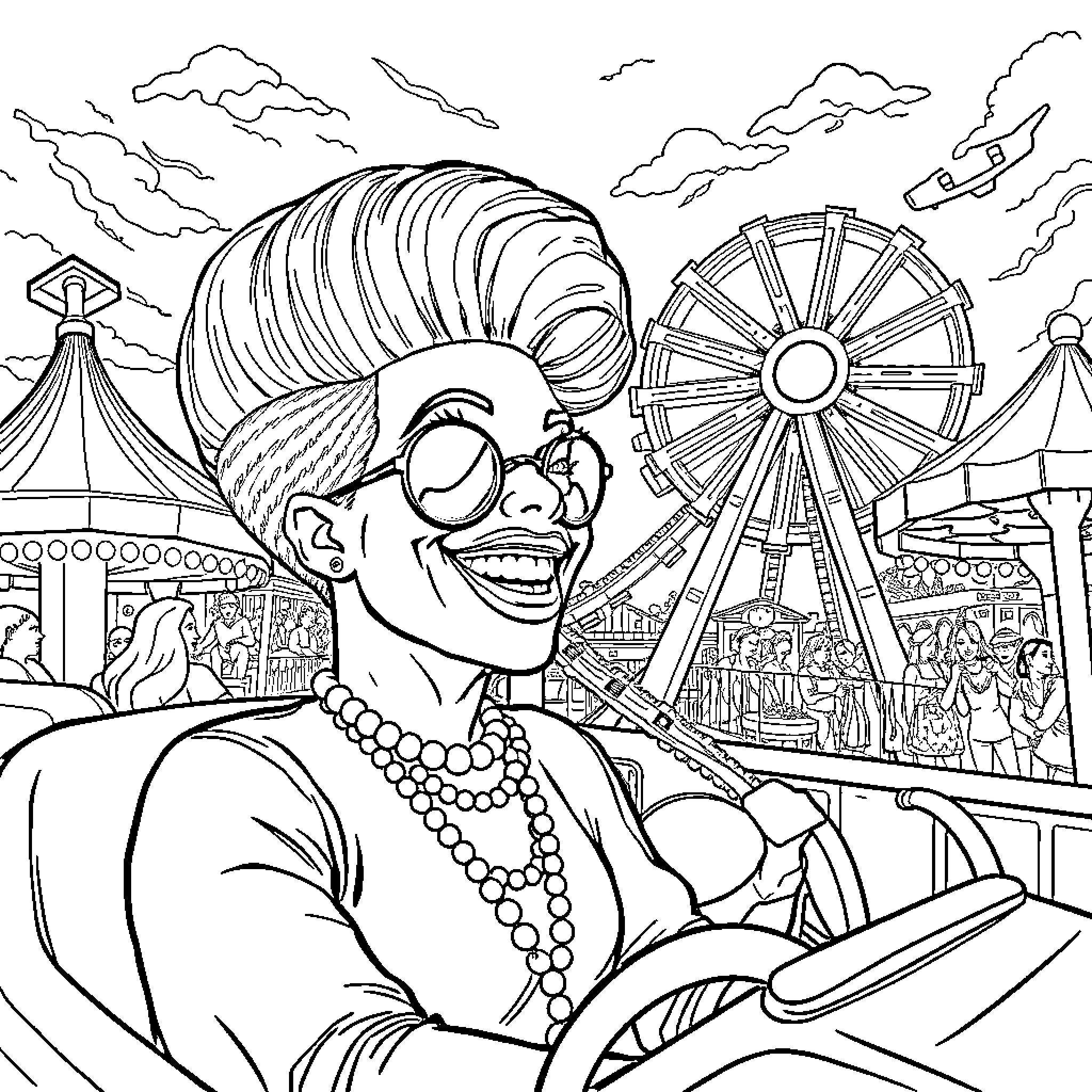 RuPaul's Carnival Antics in the Park Coloring Page (free black-and-white line drawing printable PDF for all, from beginners to advanced learners, including children, teens, adults, and seniors)
