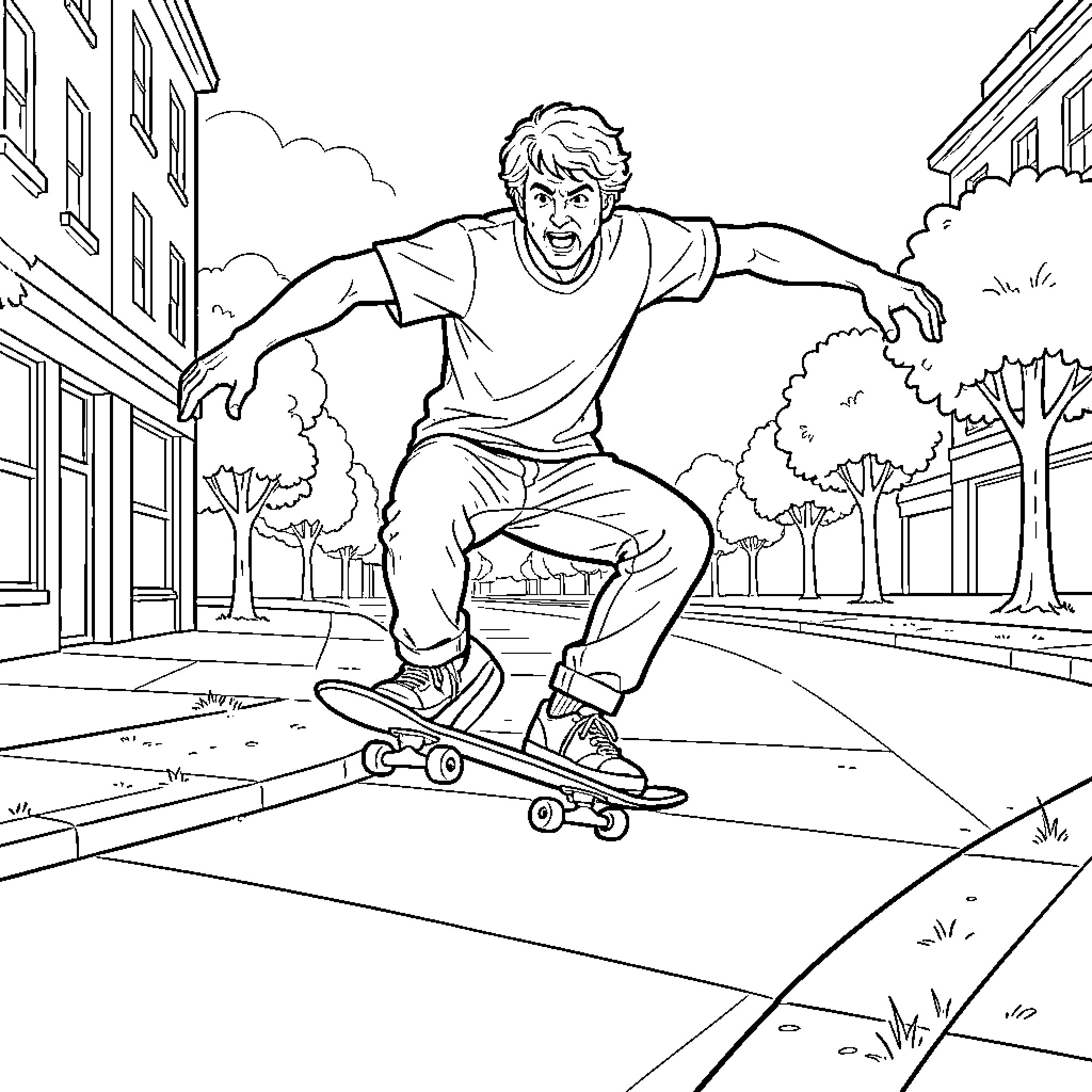Michael Angelo riding a skateboard through city streets Coloring Page (free black-and-white line drawing printable PDF for all, from beginners to advanced learners, including children, teens, adults, and seniors)