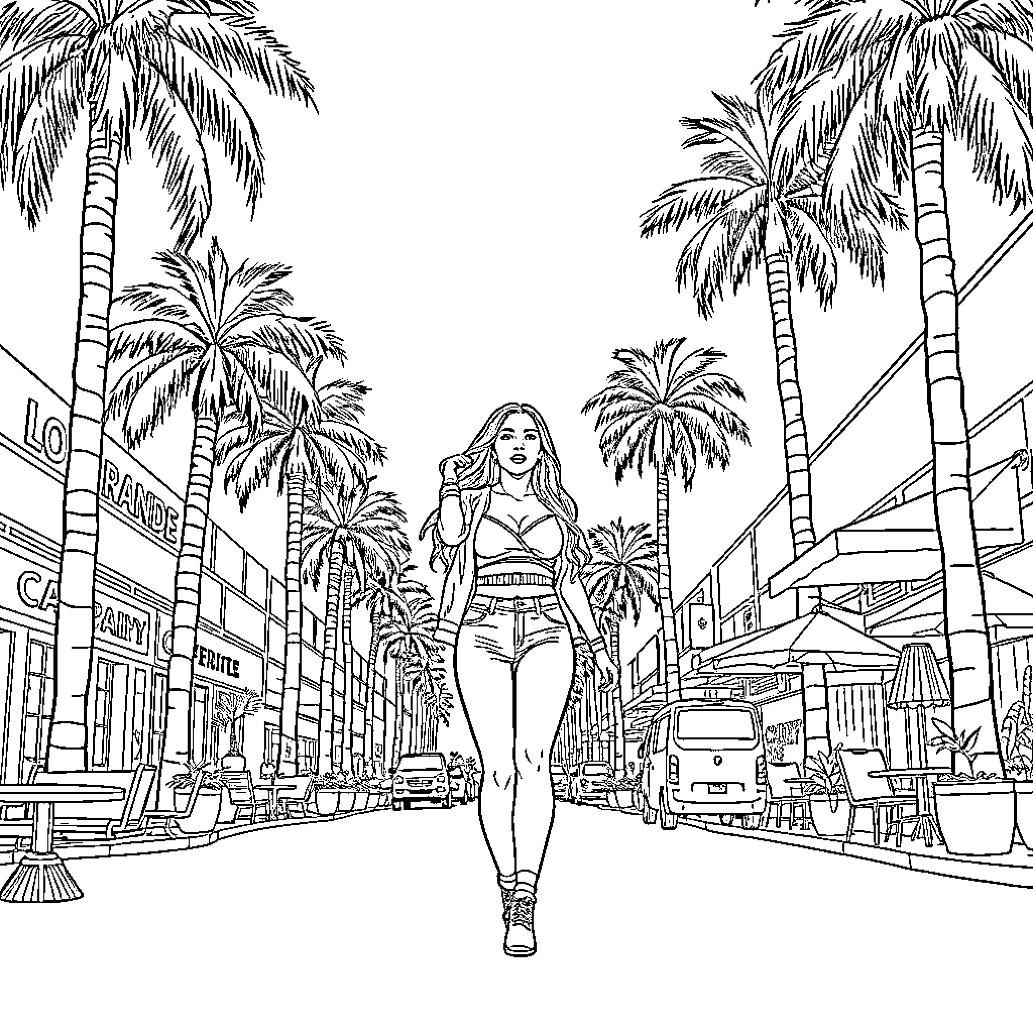 Ariana Grande strolling down a palm-lined street Coloring Page (free black-and-white line drawing printable PDF for all, from beginners to advanced learners, including children, teens, adults, and seniors)