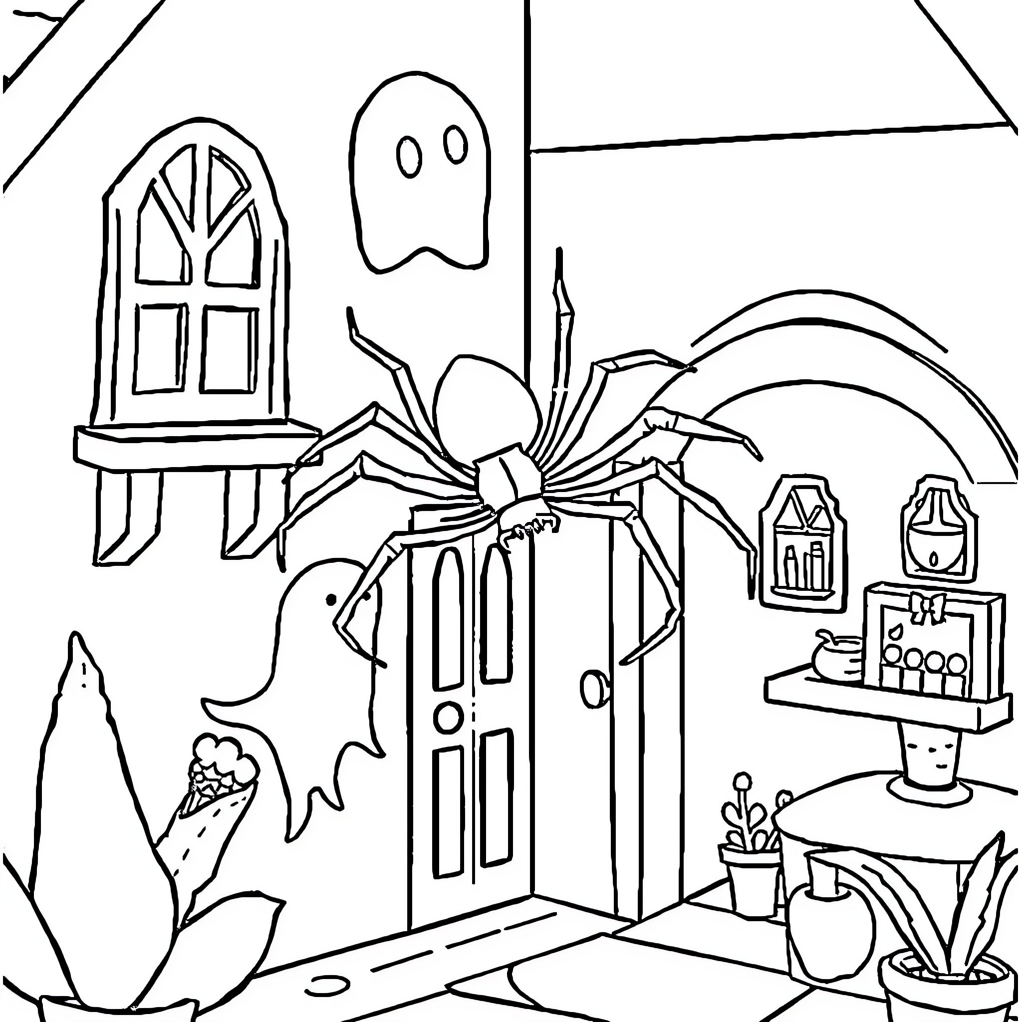 Spider decorating a haunted house Coloring Page (free black-and-white line drawing printable PDF for all, from beginners to advanced learners, including children, teens, adults, and seniors)