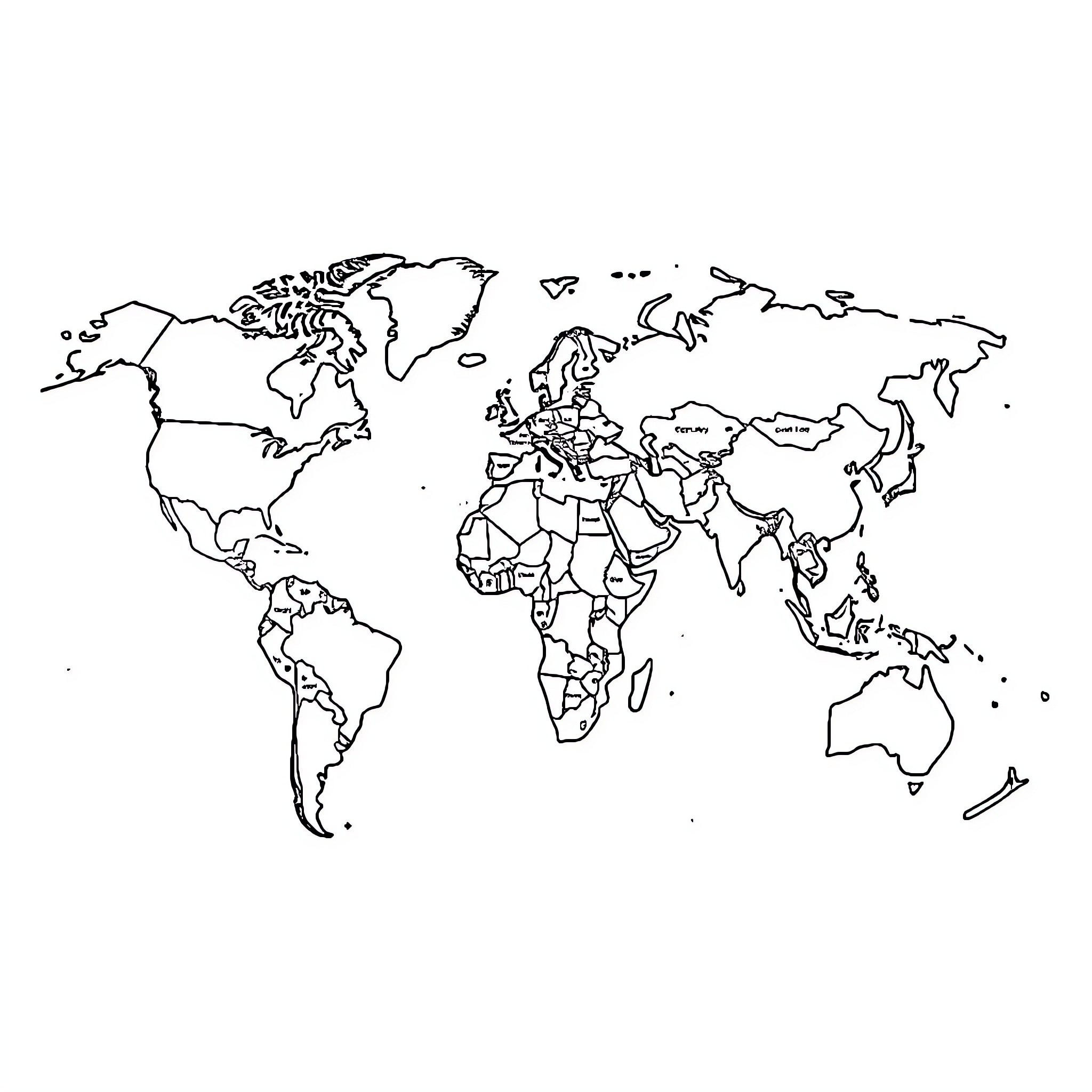 Map of the world outlined Coloring Page (free black-and-white line drawing printable PDF for all, from beginners to advanced learners, including children, teens, adults, and seniors)
