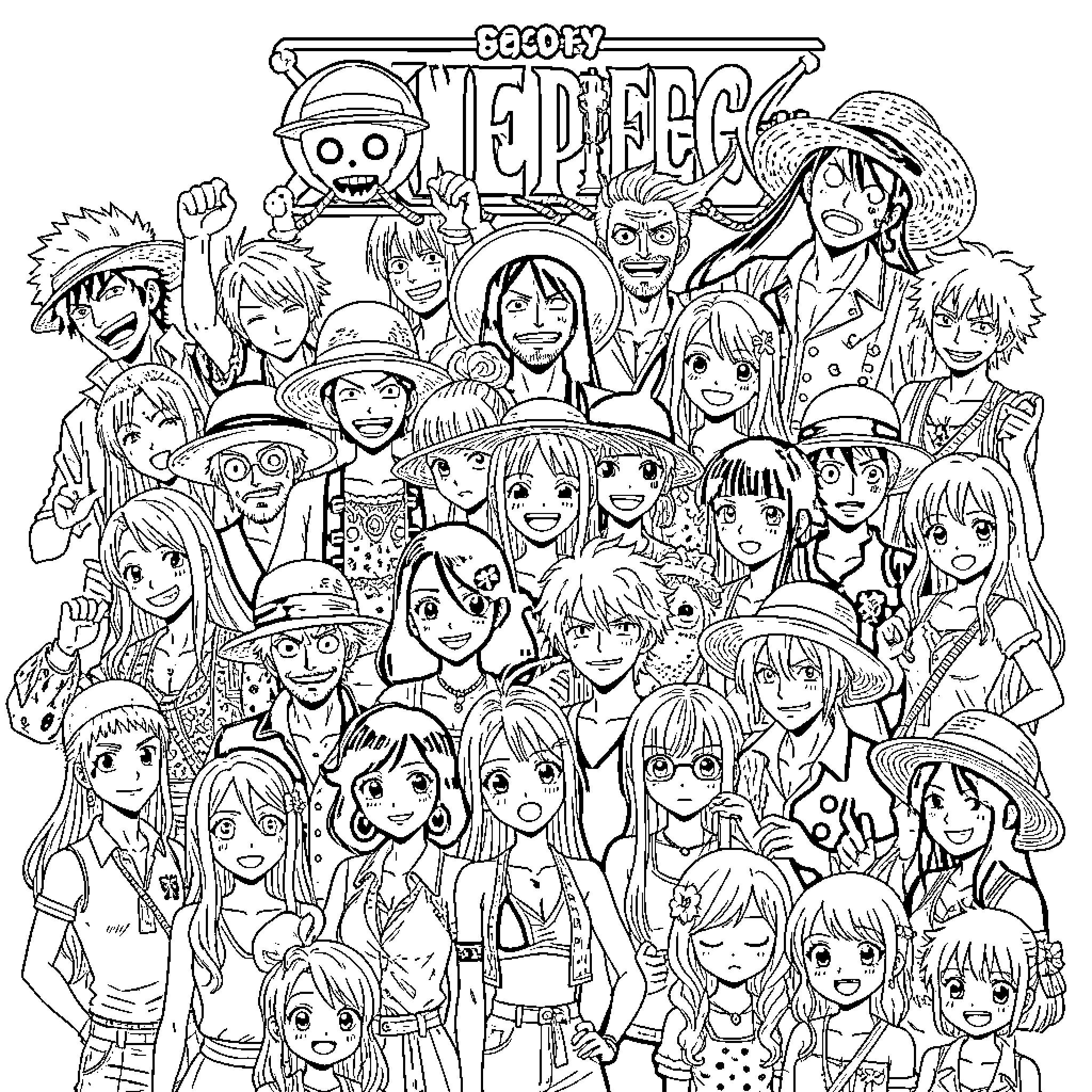 One Piece: Characters in Various Poses and Expressions Coloring Page (free black-and-white line drawing printable PDF for all, from beginners to advanced learners, including children, teens, adults, and seniors)