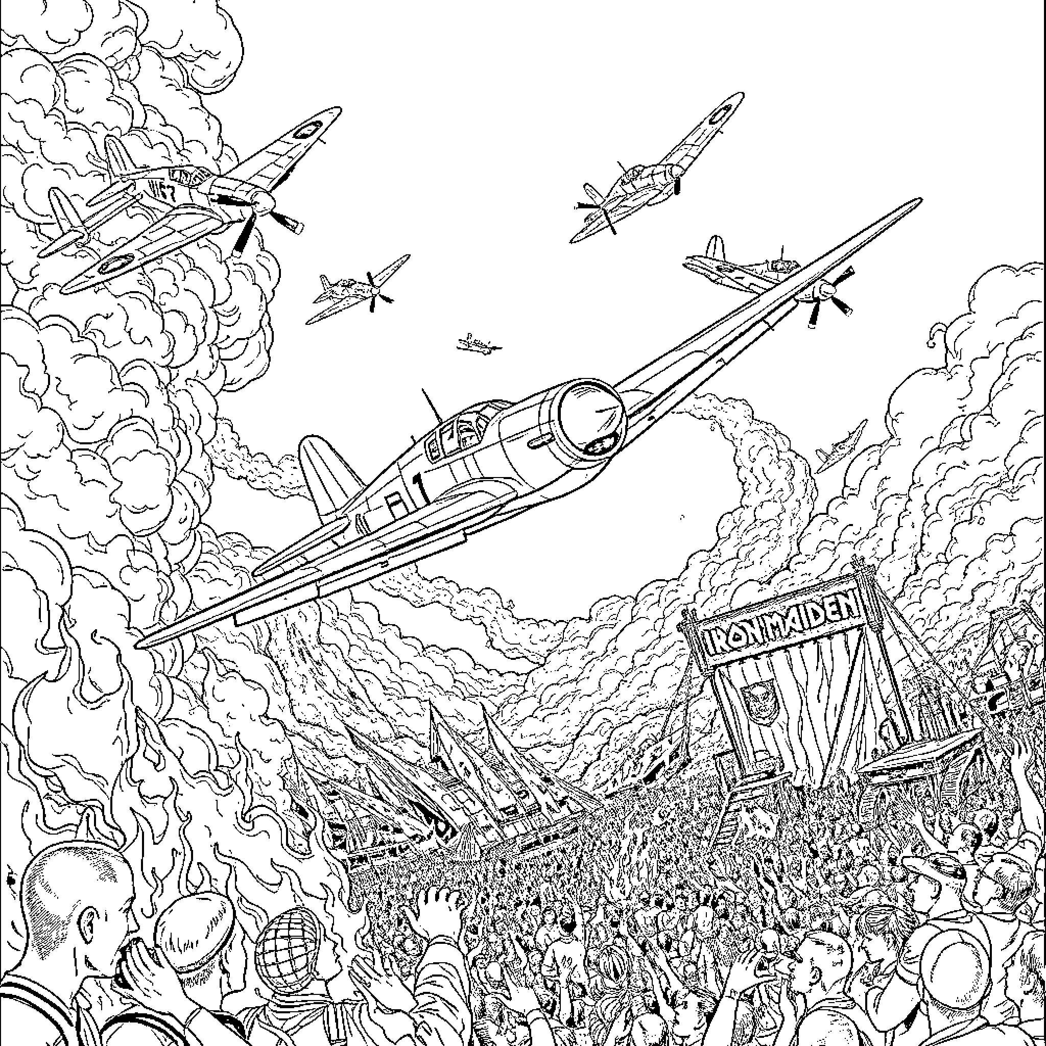 Plane pilots engage in aerial combat over crowd Coloring Page (free black-and-white line drawing printable PDF for all, from beginners to advanced learners, including children, teens, adults, and seniors)