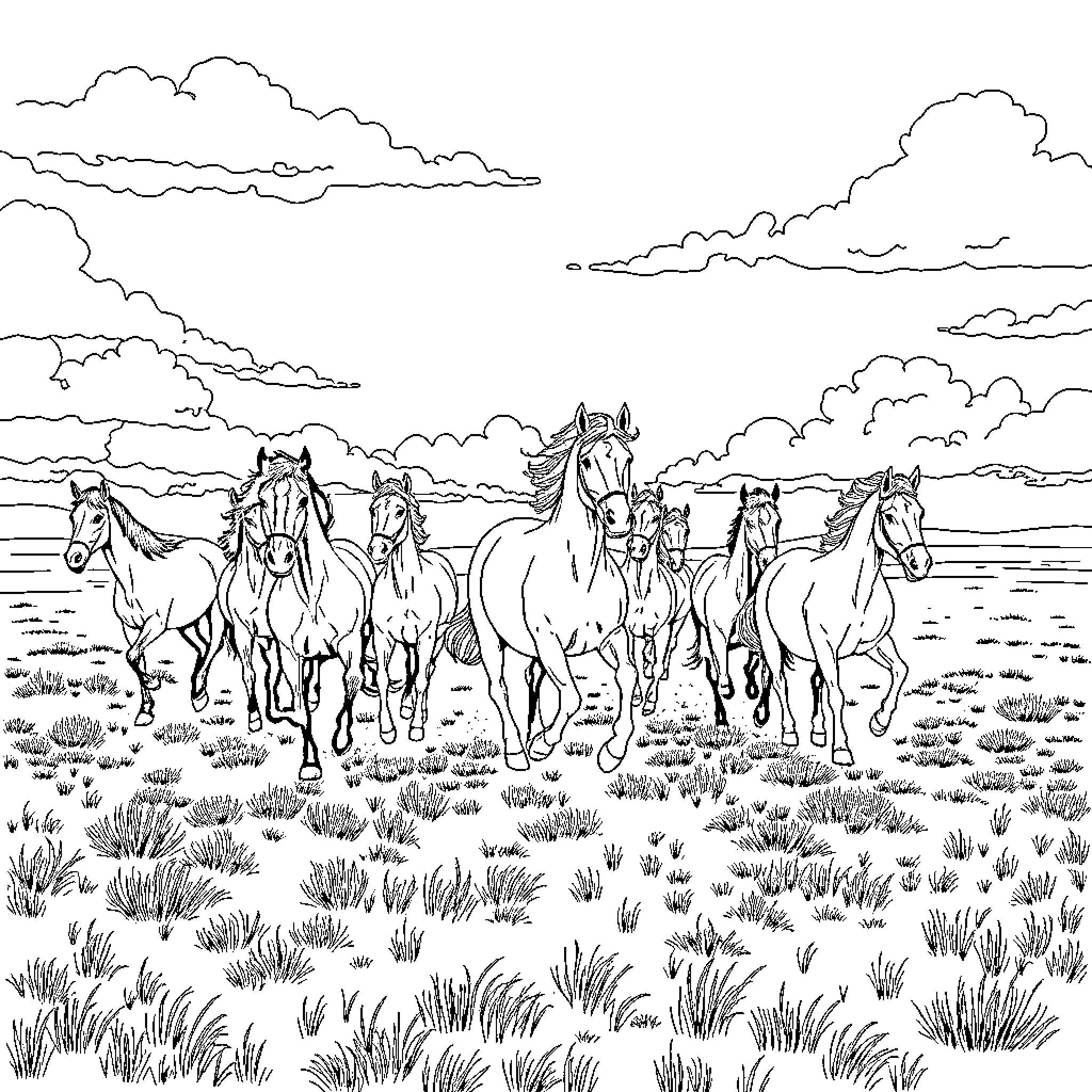 Horse herd galloping freely in the meadow Coloring Page (free black-and-white line drawing printable PDF for all, from beginners to advanced learners, including children, teens, adults, and seniors)