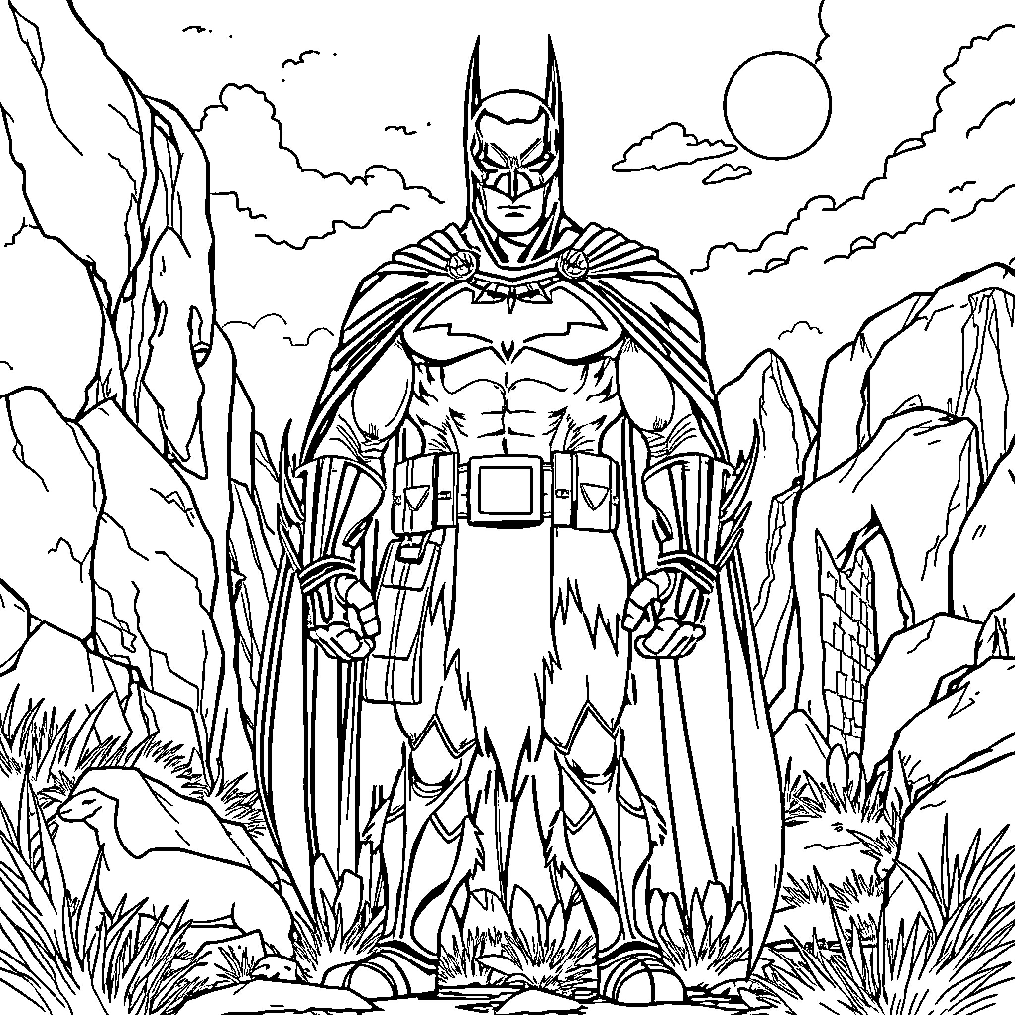 Batman standing heroically in a rugged landscape Coloring Page (free black-and-white line drawing printable PDF for all, from beginners to advanced learners, including children, teens, adults, and seniors)