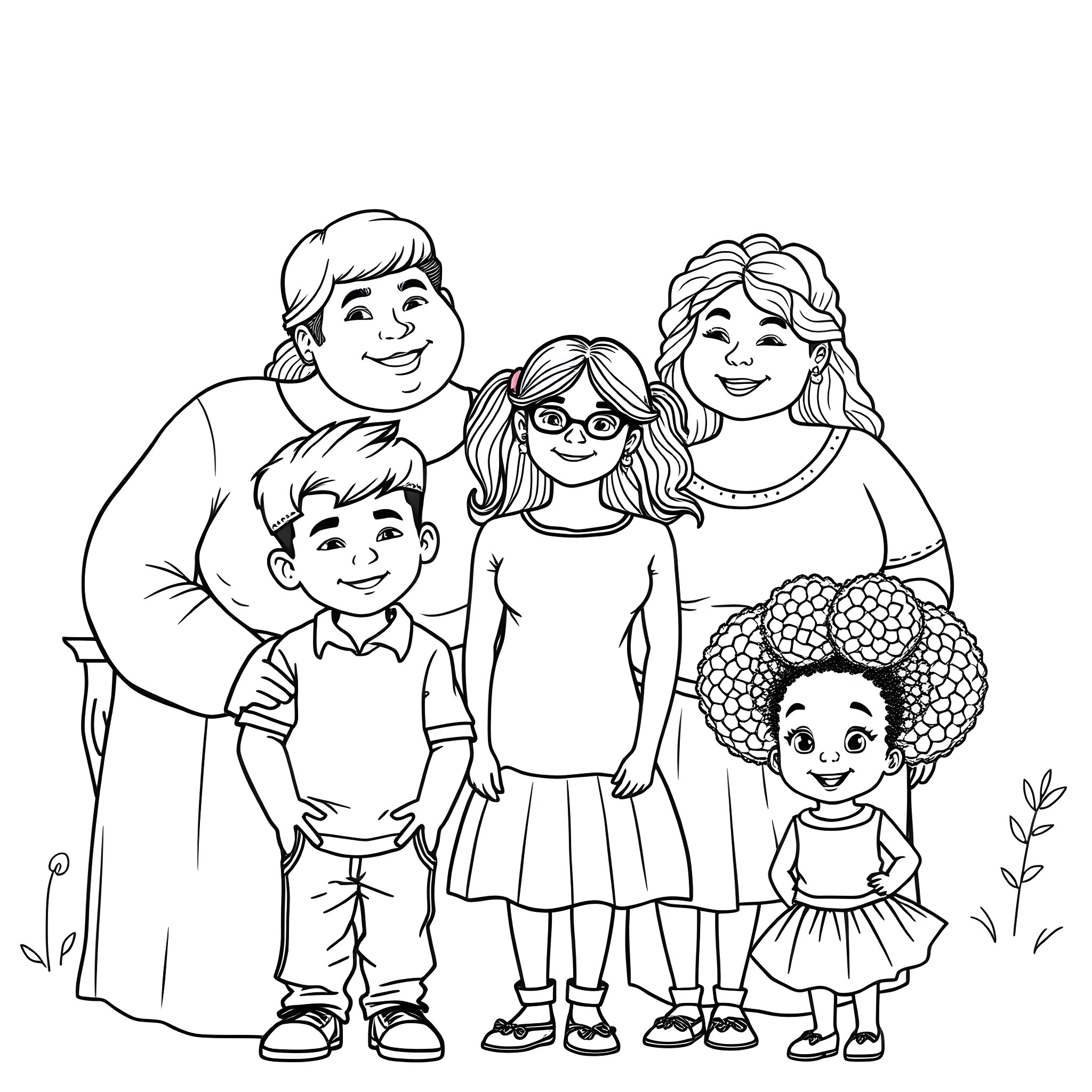 Family enjoying time together outdoors Coloring Page (free black-and-white line drawing printable PDF for all, from beginners to advanced learners, including children, teens, adults, and seniors)