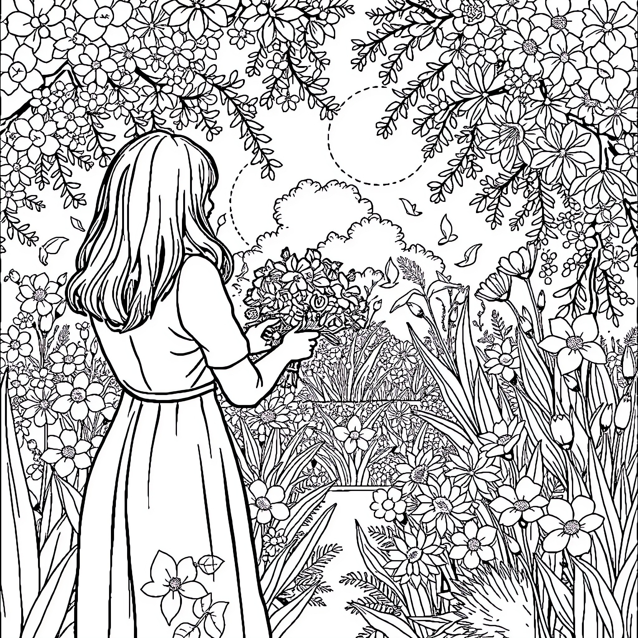 Person admiring the floral garden landscape Coloring Page (free black-and-white line drawing printable PDF for all, from beginners to advanced learners, including children, teens, adults, and seniors)