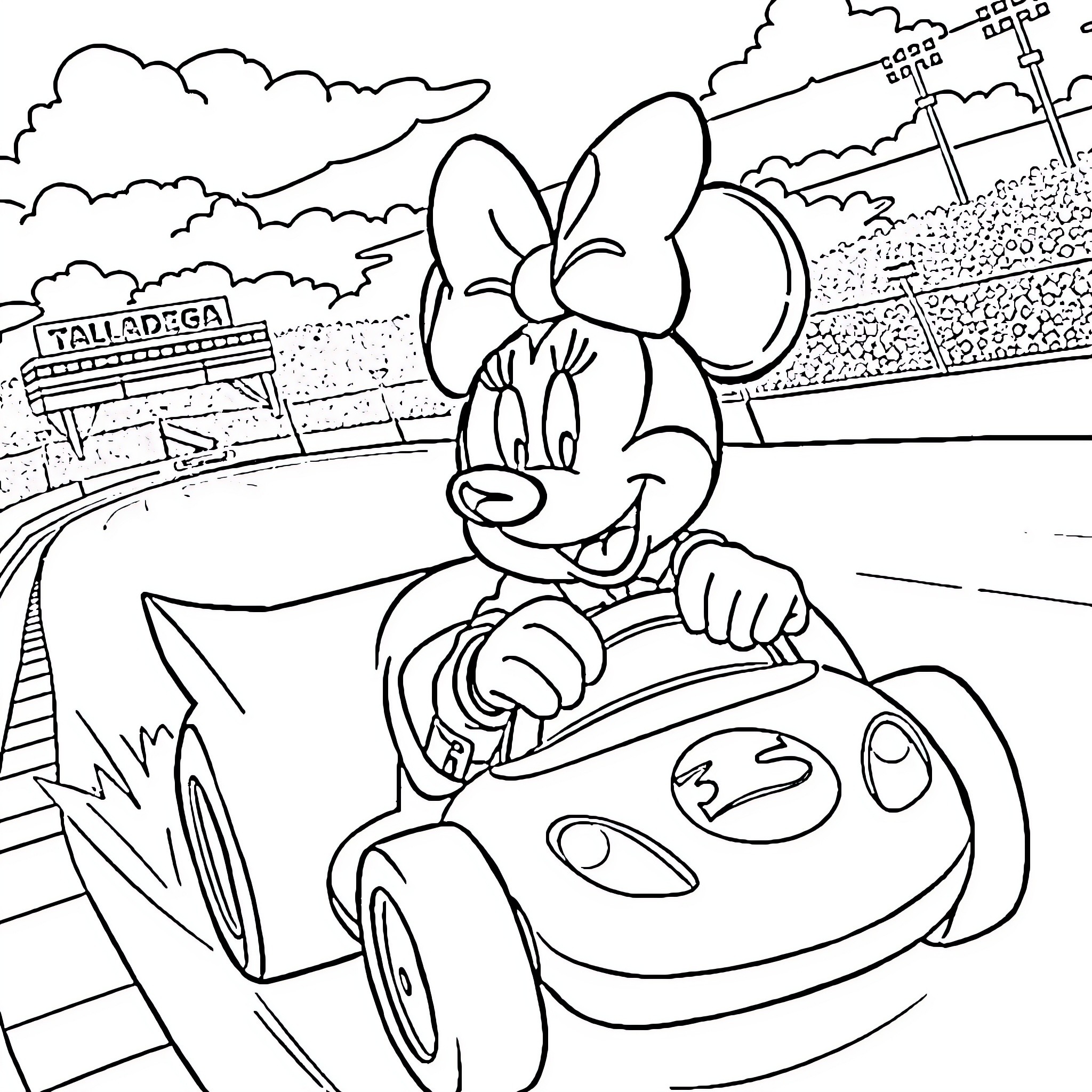 Minnie Mouse driving a car through the city Coloring Page (free black-and-white line drawing printable PDF for all, from beginners to advanced learners, including children, teens, adults, and seniors)