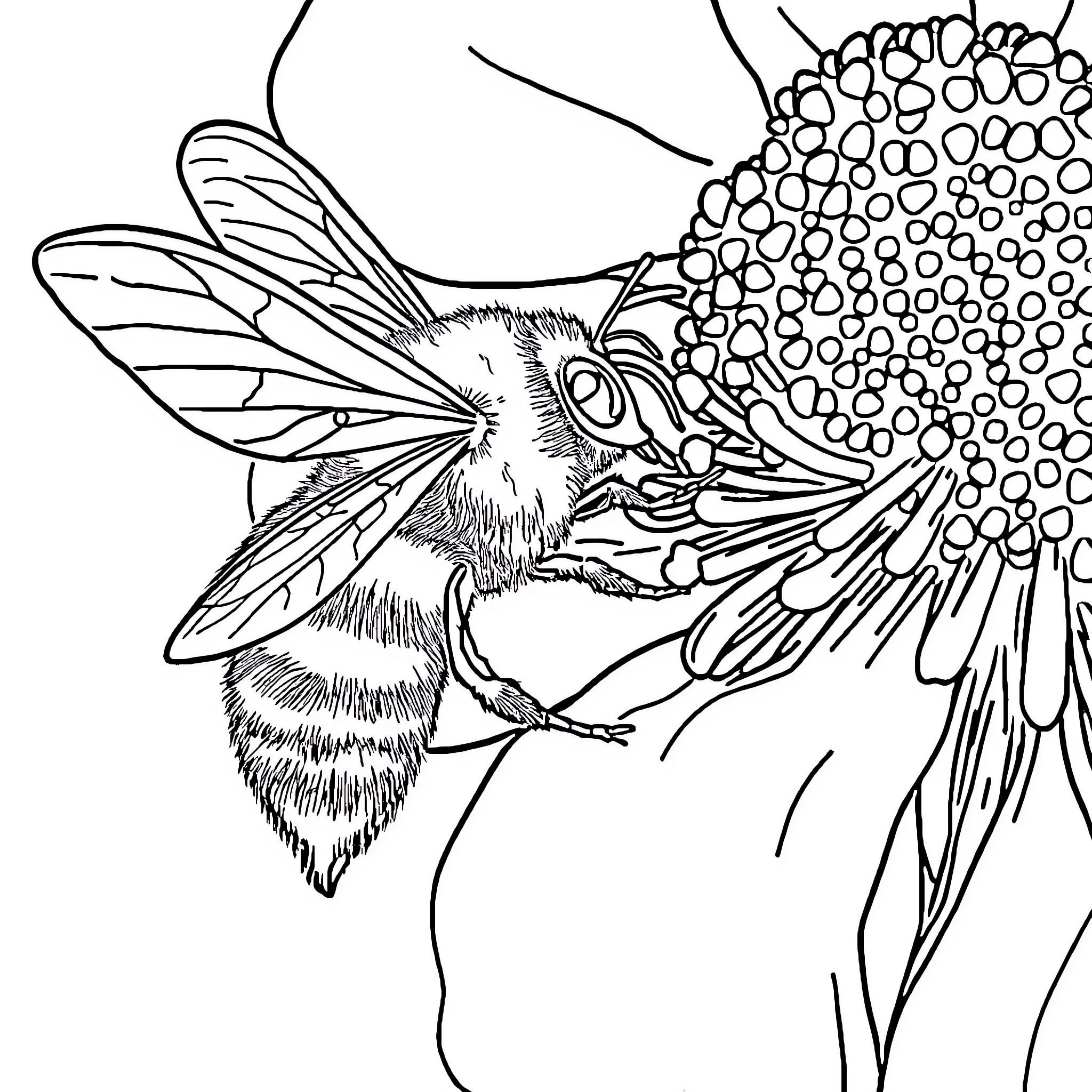 Bee collecting pollen from a flower Coloring Page (free black-and-white line drawing printable PDF for all, from beginners to advanced learners, including children, teens, adults, and seniors)