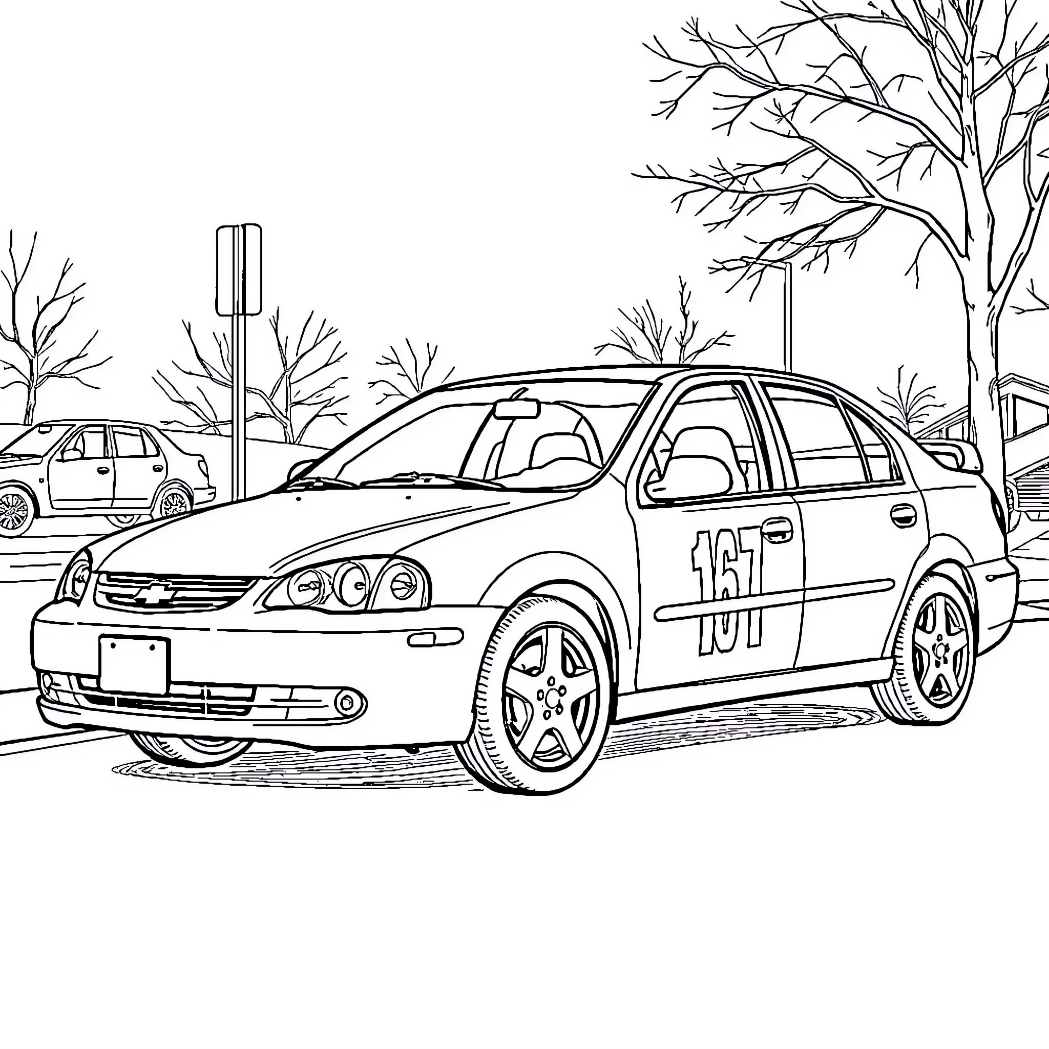 Chevrolet Cavalier parked on a snowy street Coloring Page (free black-and-white line drawing printable PDF for all, from beginners to advanced learners, including children, teens, adults, and seniors)