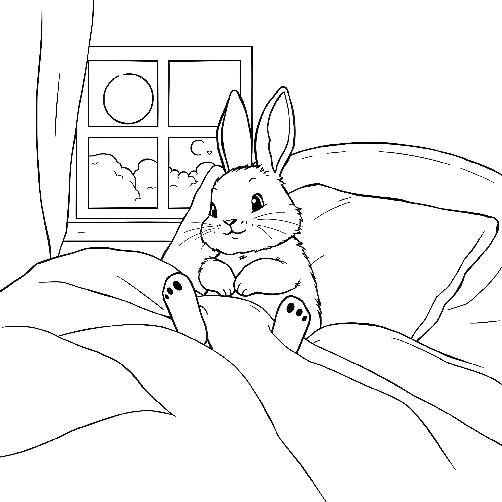 Bunny snuggling cozily in bed by window Coloring Page (free black-and-white line drawing printable PDF for all, from beginners to advanced learners, including children, teens, adults, and seniors)