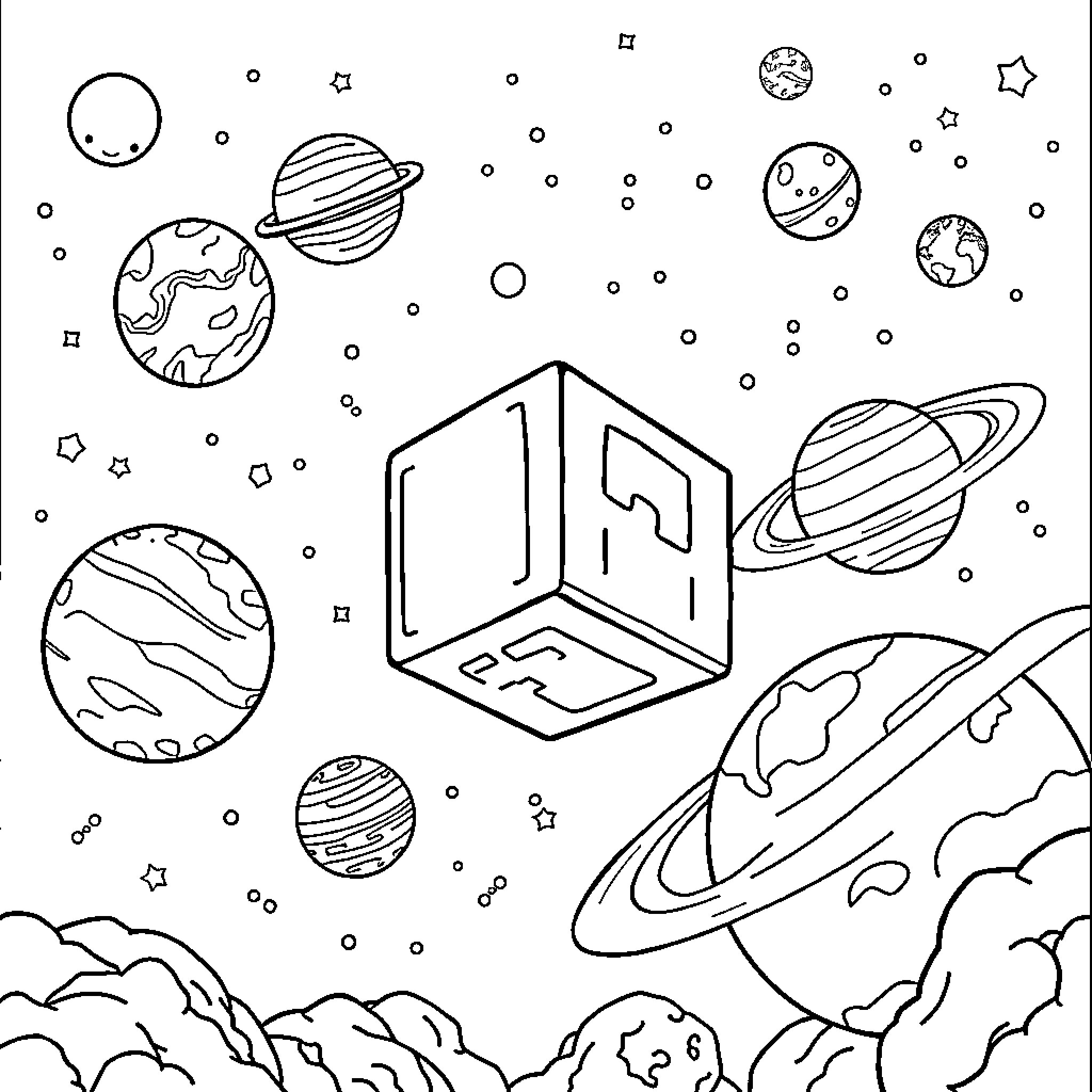 Numberblock exploring the cosmic galaxy Coloring Page (free black-and-white line drawing printable PDF for all, from beginners to advanced learners, including children, teens, adults, and seniors)