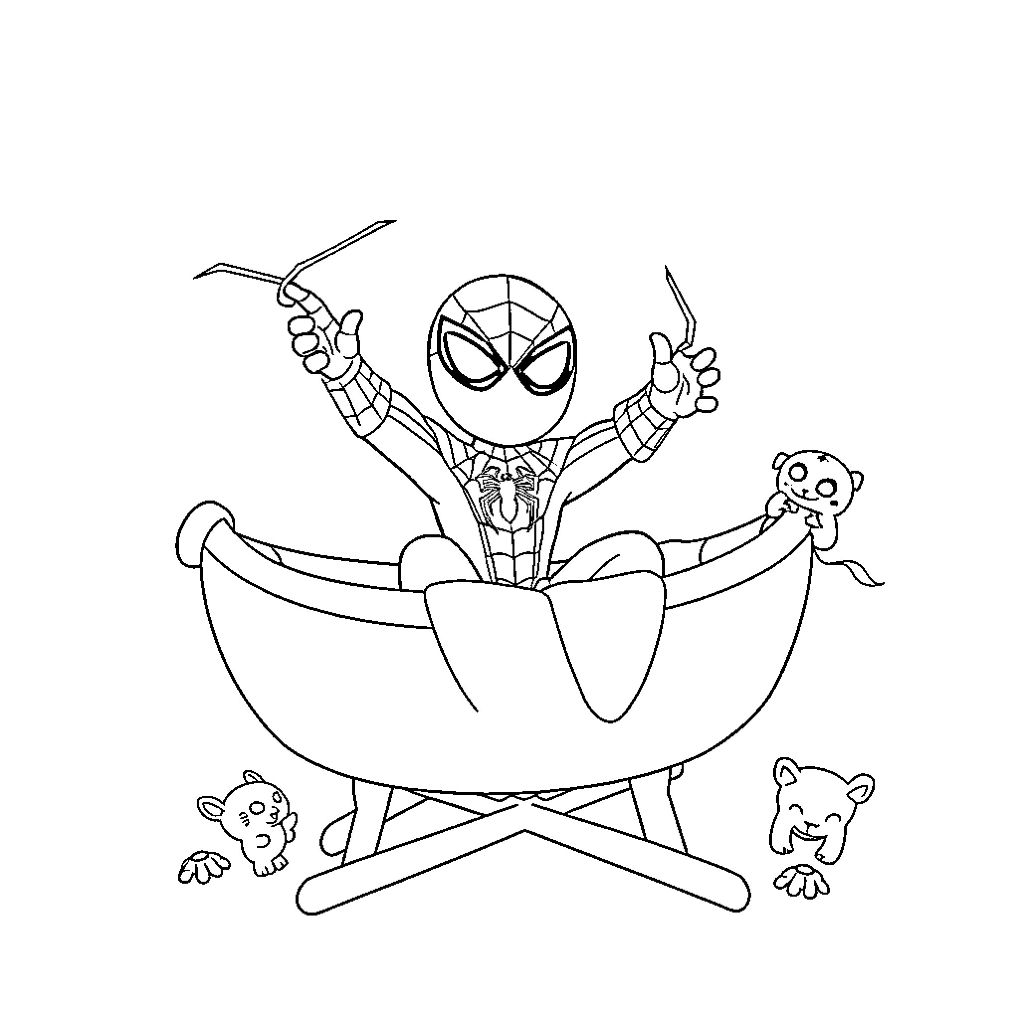 Spiderman's Playful Adventure with Critters Coloring Page (free black-and-white line drawing printable PDF for all, from beginners to advanced learners, including children, teens, adults, and seniors)