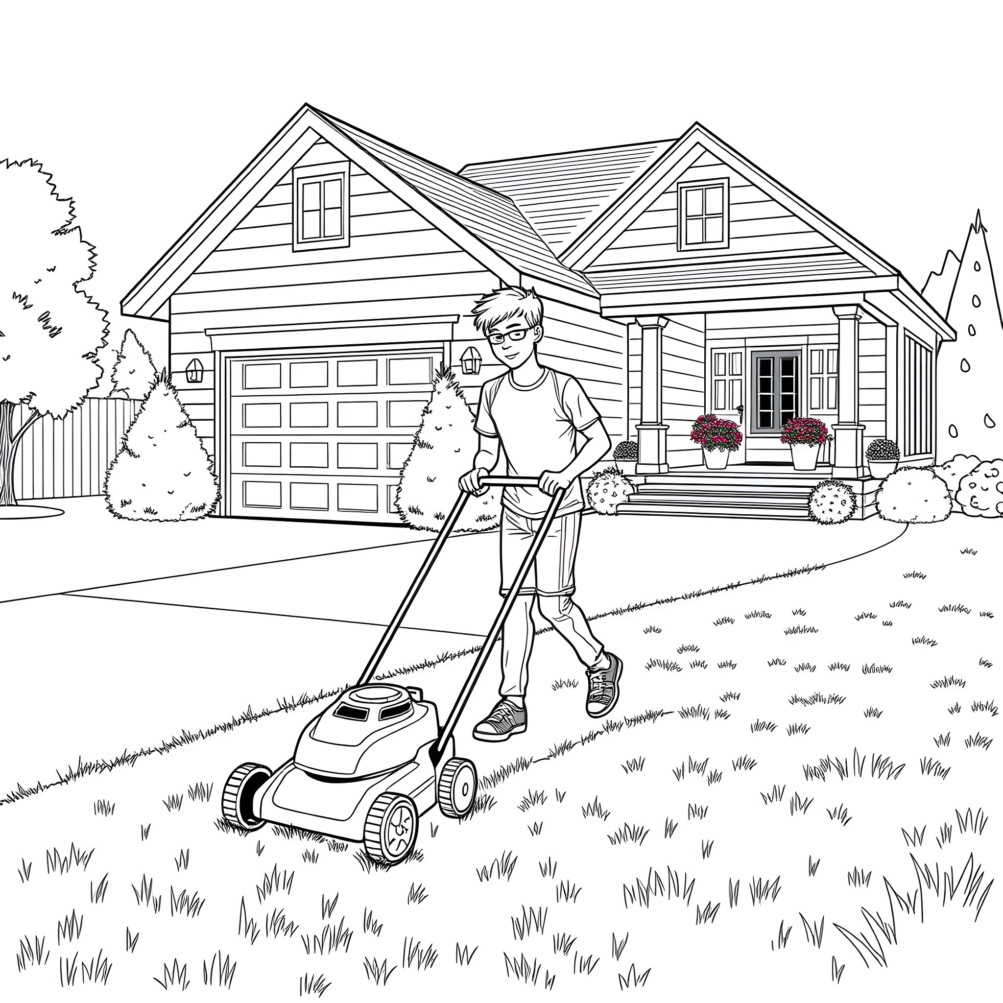 Teen Guy Mowing the Lawn in Front of His House Coloring Page (free black-and-white line drawing printable PDF for all, from beginners to advanced learners, including children, teens, adults, and seniors)