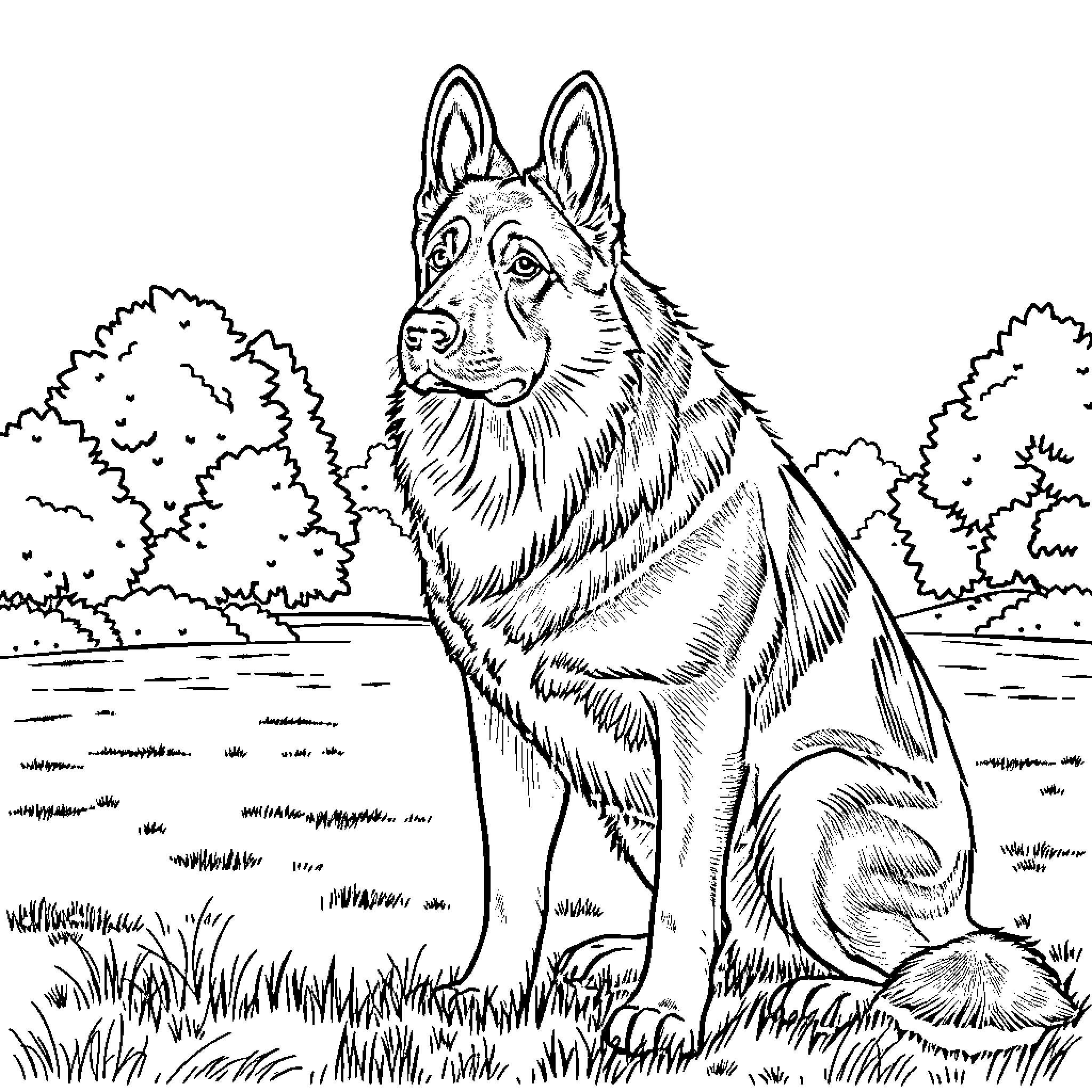 German Shepherd sitting in a serene outdoor scene Coloring Page (free black-and-white line drawing printable PDF for all, from beginners to advanced learners, including children, teens, adults, and seniors)