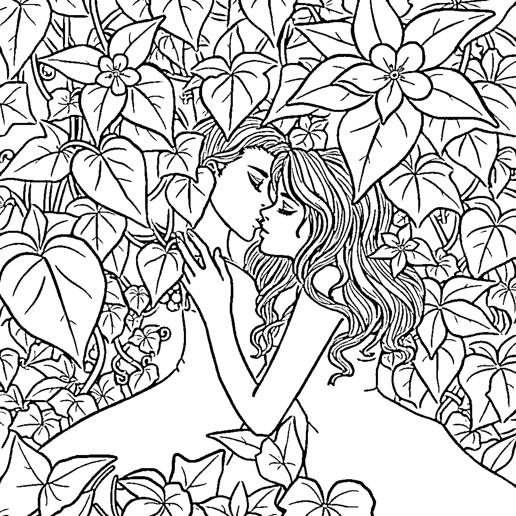 Poison Ivy's Alluring Garden Coloring Page (free black-and-white line drawing printable PDF for all, from beginners to advanced learners, including children, teens, adults, and seniors)