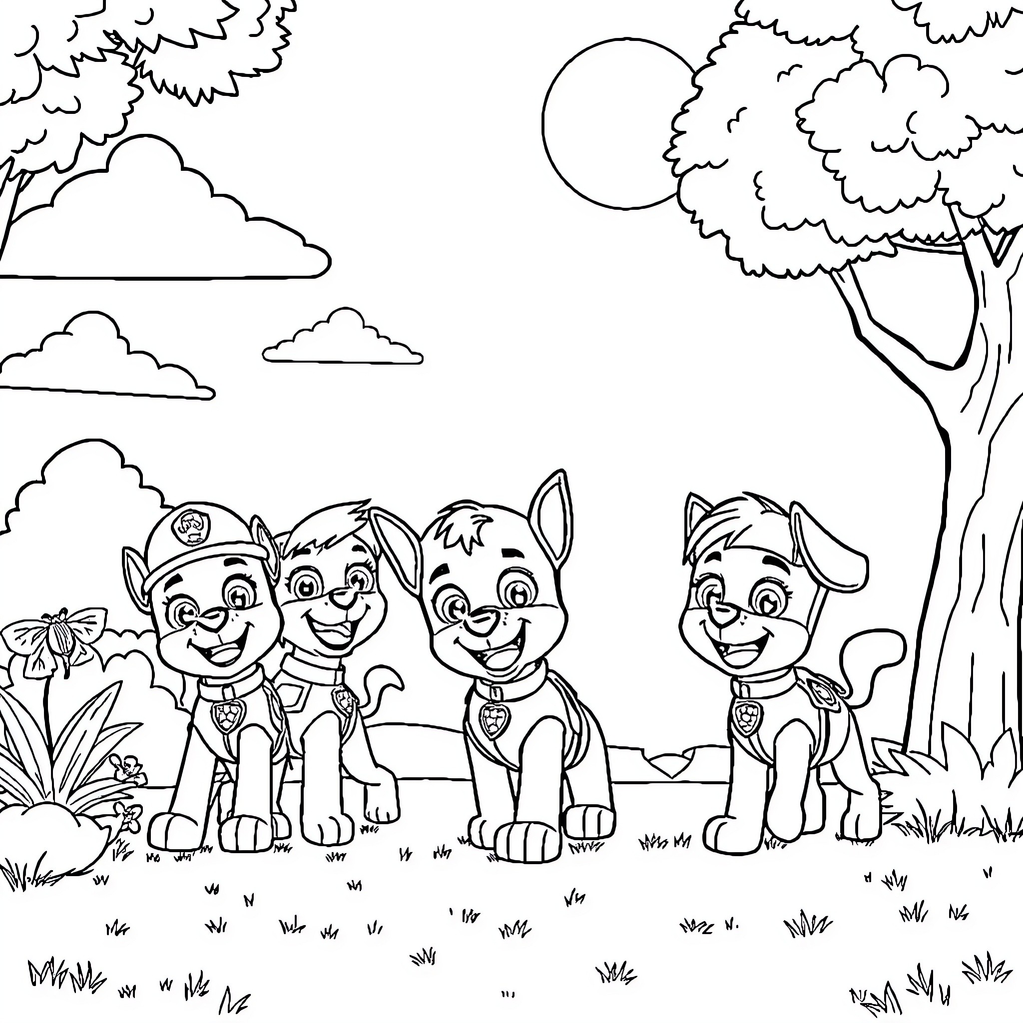 Paw Patrol characters exploring the outdoors Coloring Page (free black-and-white line drawing printable PDF for all, from beginners to advanced learners, including children, teens, adults, and seniors)
