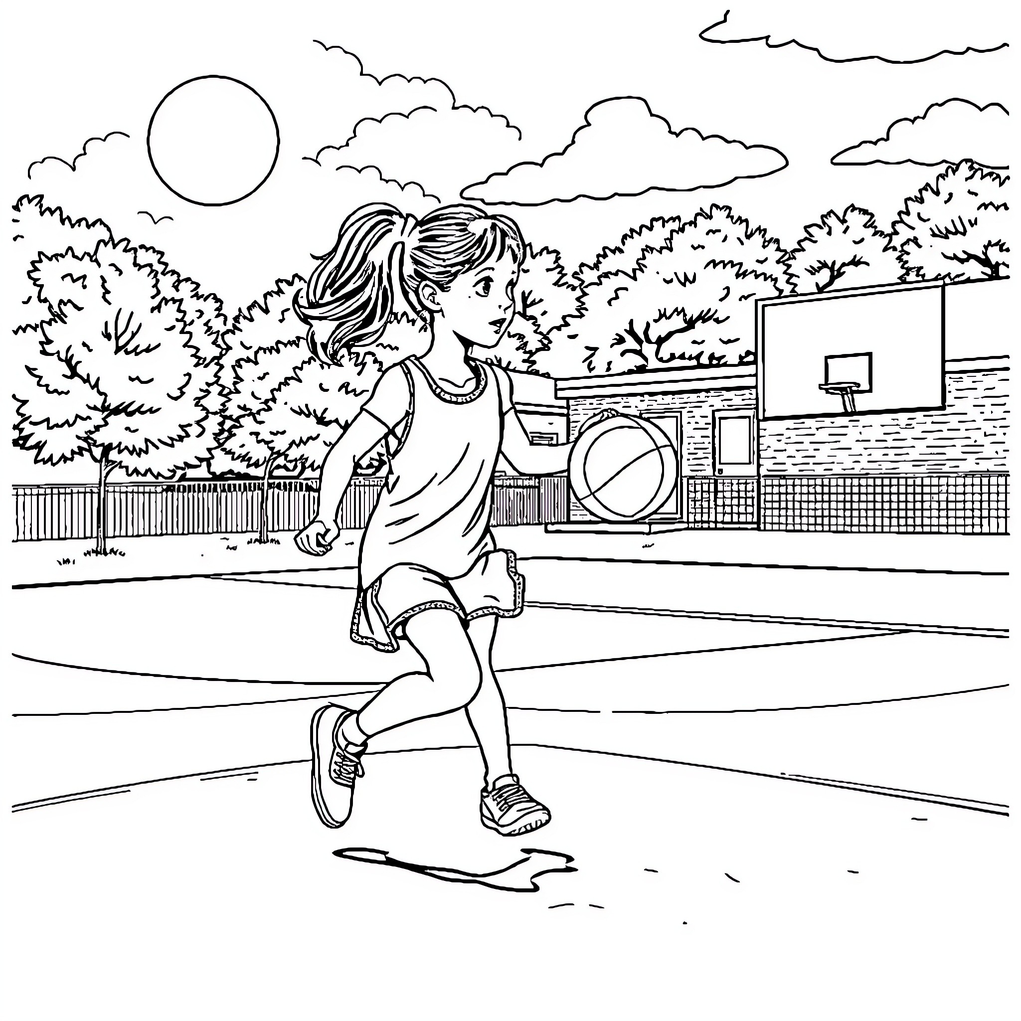 Girl running happily on the playground Coloring Page (free black-and-white line drawing printable PDF for all, from beginners to advanced learners, including children, teens, adults, and seniors)