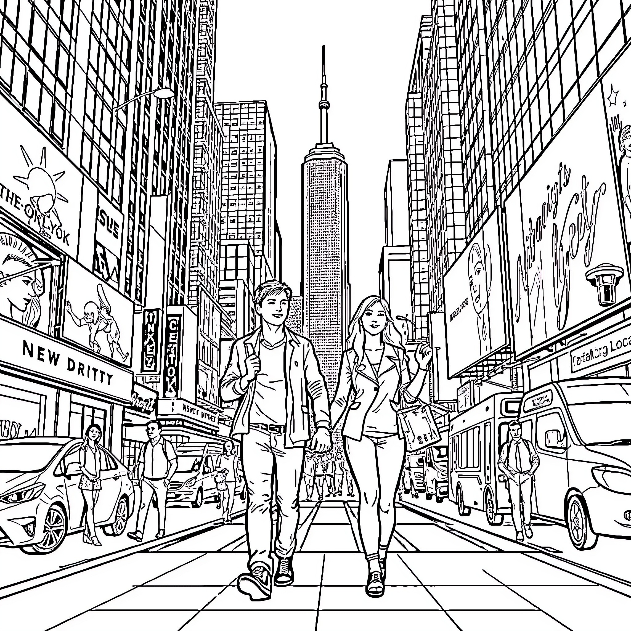 Man and woman exploring bustling city streets Coloring Page (free black-and-white line drawing printable PDF for all, from beginners to advanced learners, including children, teens, adults, and seniors)