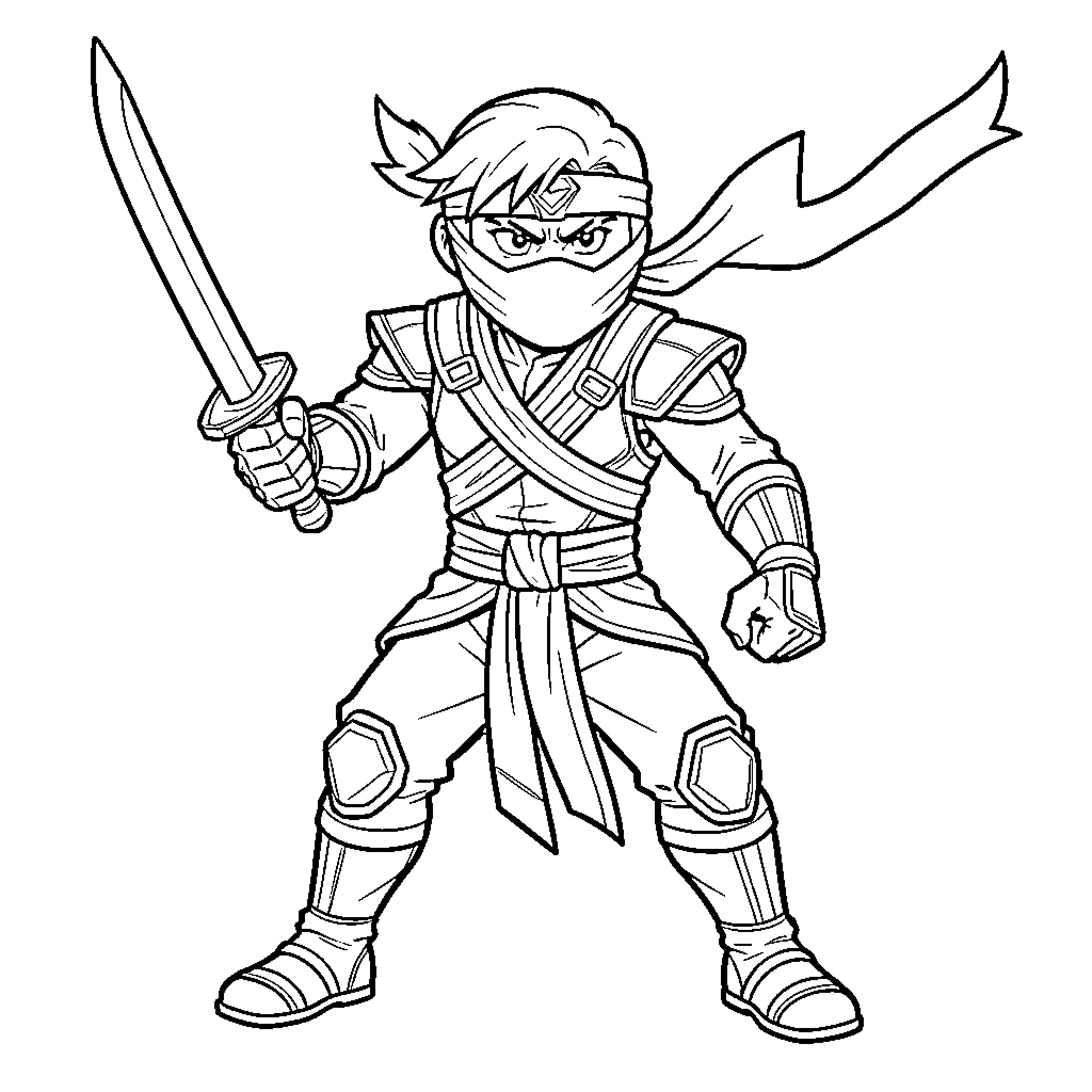 Lloyd standing bravely wielding a sword in warrior attire Coloring Page (free black-and-white line drawing printable PDF for all, from beginners to advanced learners, including children, teens, adults, and seniors)