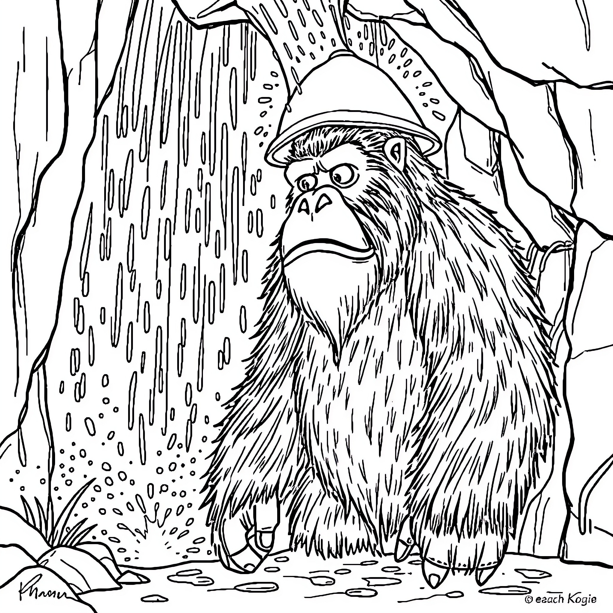 Sasquatch standing in a rainy cave Coloring Page (free black-and-white line drawing printable PDF for all, from beginners to advanced learners, including children, teens, adults, and seniors)