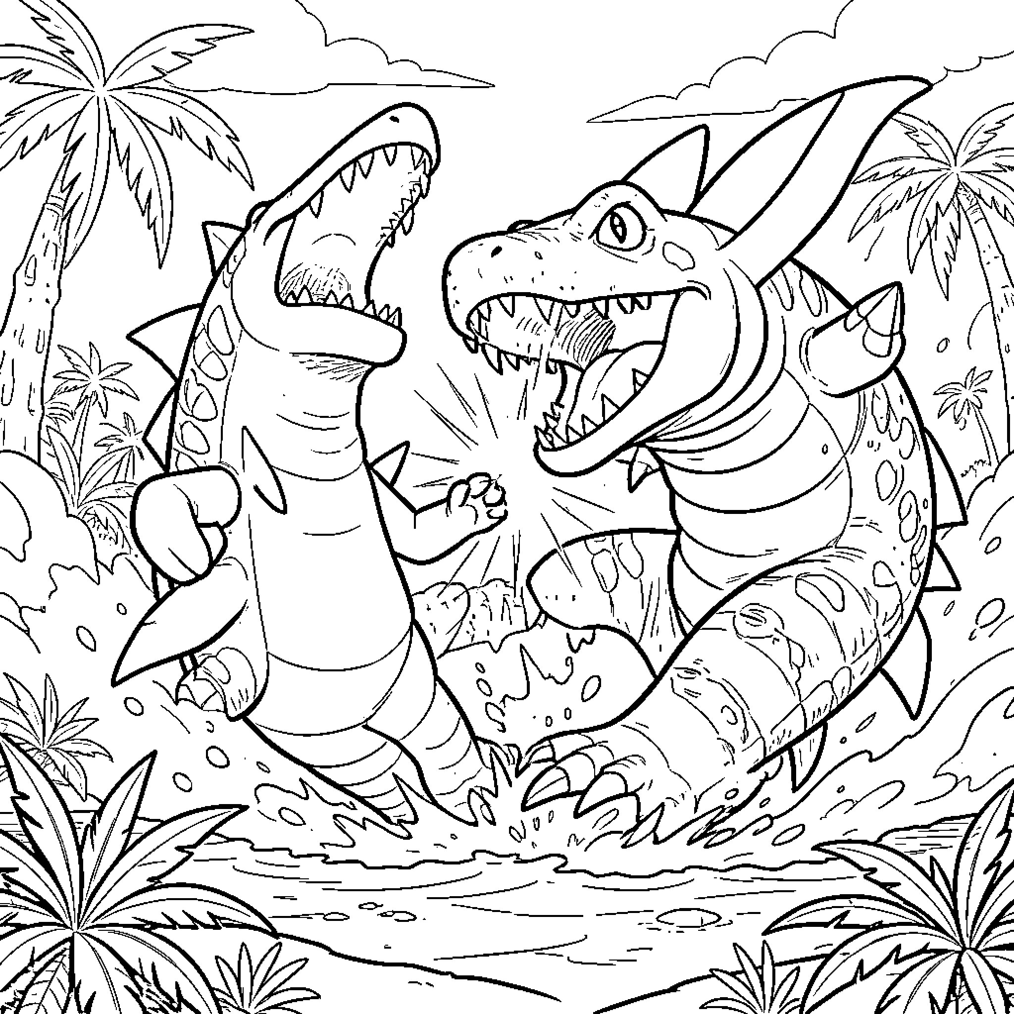 Camerupt battling fiercely in the tropical wilderness Coloring Page (free black-and-white line drawing printable PDF for all, from beginners to advanced learners, including children, teens, adults, and seniors)