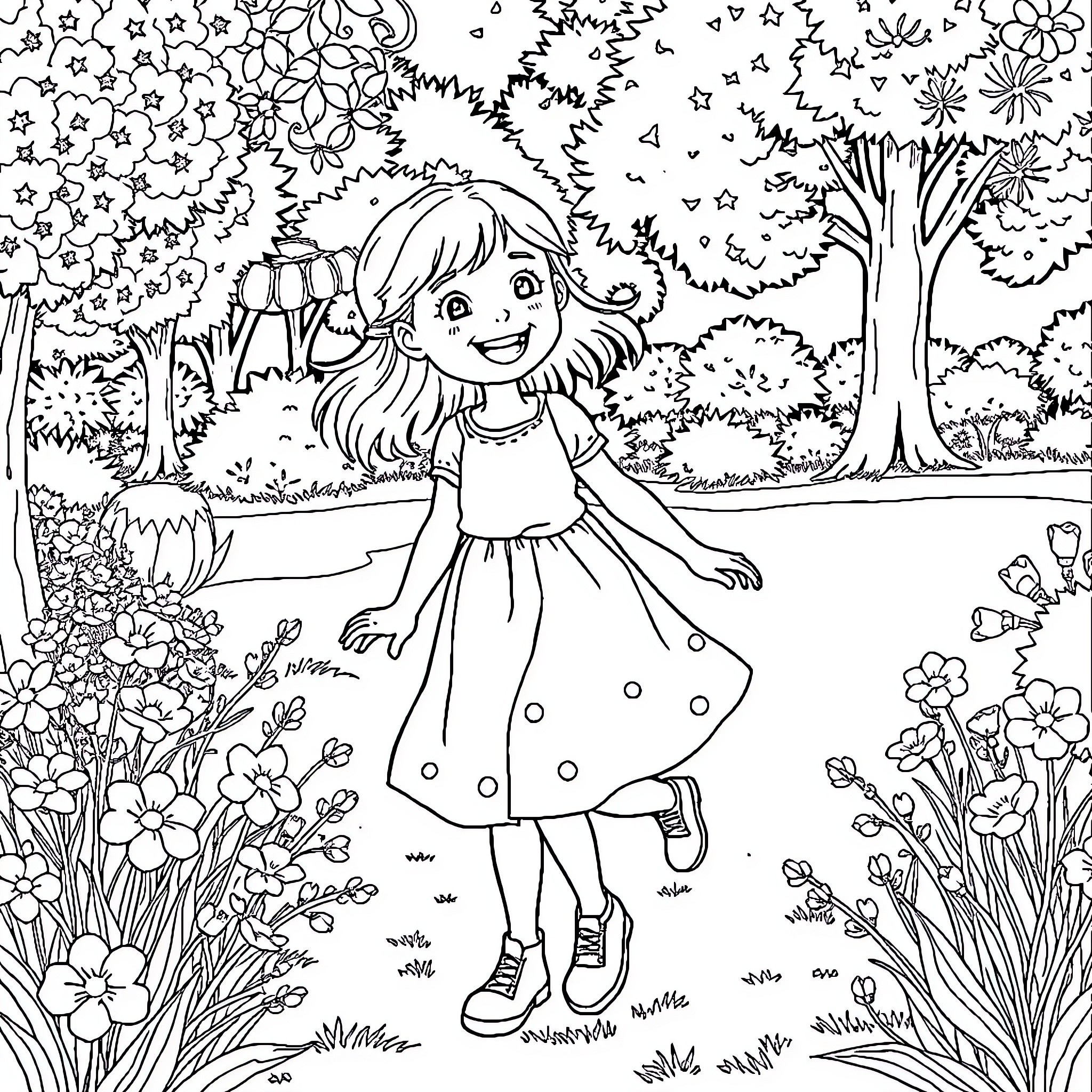Girl playing joyfully in a floral garden Coloring Page (free black-and-white line drawing printable PDF for all, from beginners to advanced learners, including children, teens, adults, and seniors)