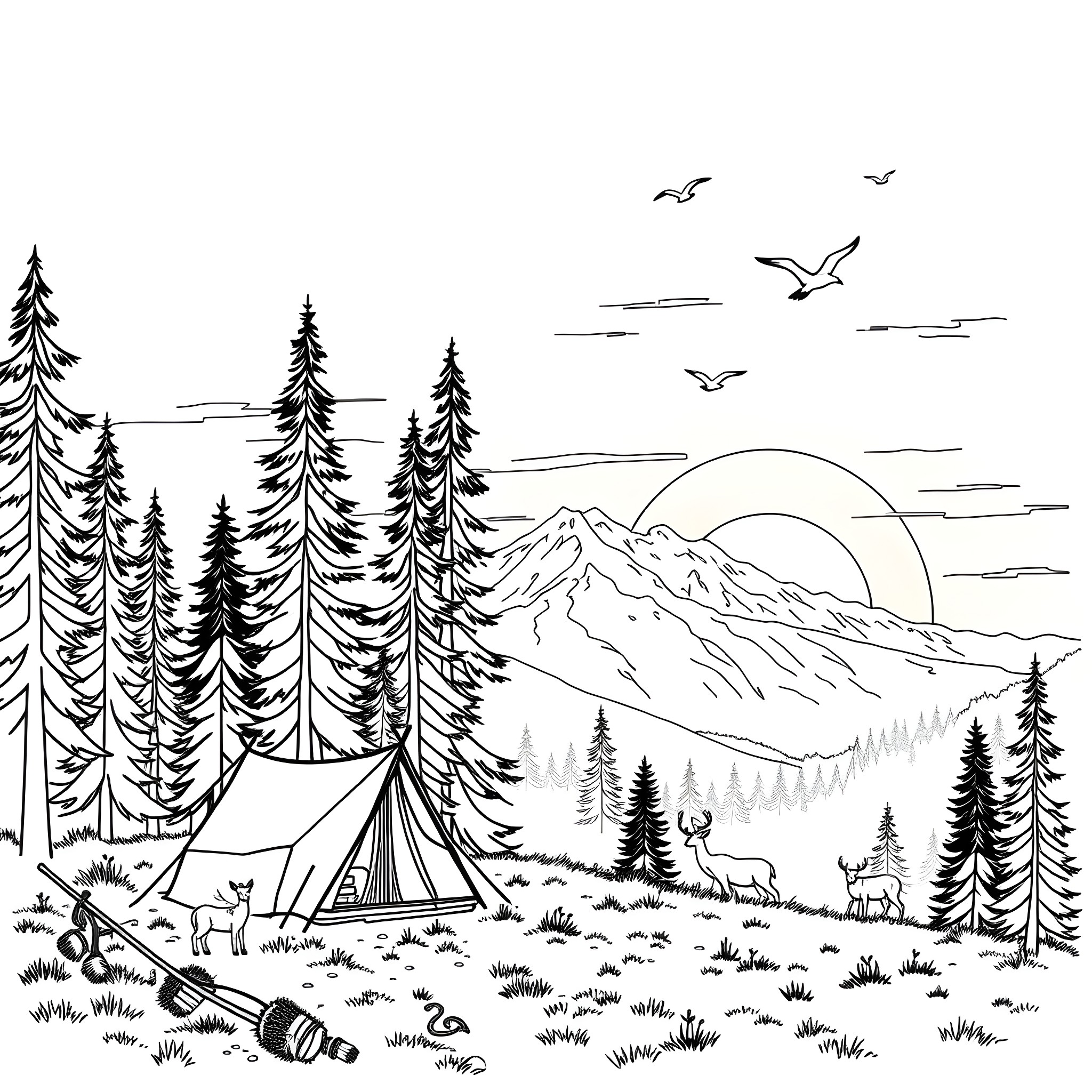 Mountain Camping Adventure Under the Starry Sky Coloring Page (free black-and-white line drawing printable PDF for all, from beginners to advanced learners, including children, teens, adults, and seniors)
