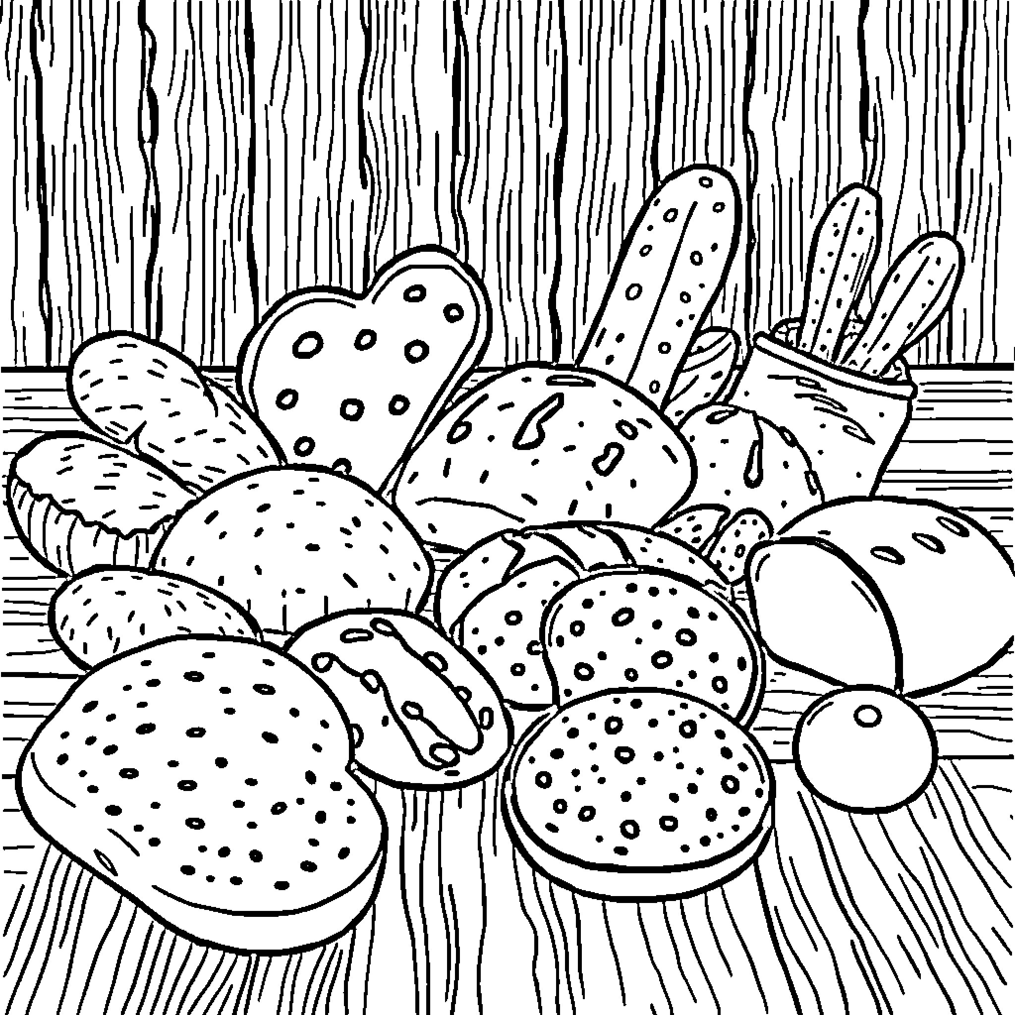 Bread displayed beautifully on wooden surface Coloring Page (free black-and-white line drawing printable PDF for all, from beginners to advanced learners, including children, teens, adults, and seniors)