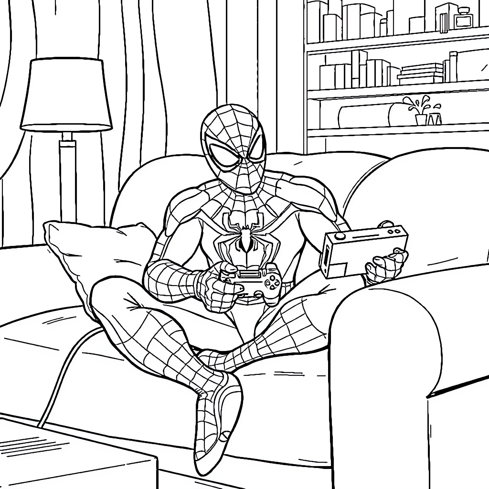 Spiderman playing video games in his room Coloring Page (free black-and-white line drawing printable PDF for all, from beginners to advanced learners, including children, teens, adults, and seniors)