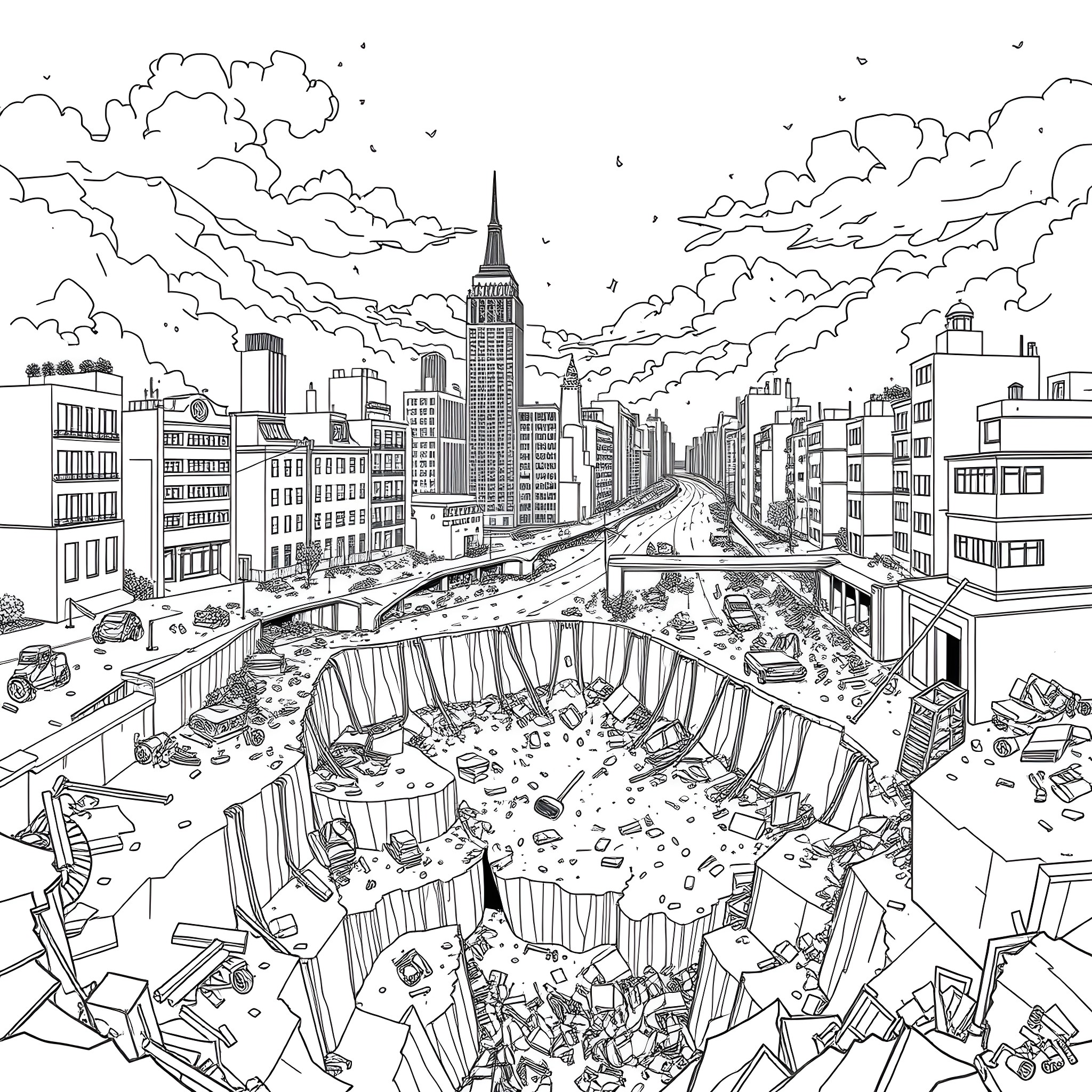 Car crash scene in a crowded city landscape Coloring Page (free black-and-white line drawing printable PDF for all, from beginners to advanced learners, including children, teens, adults, and seniors)