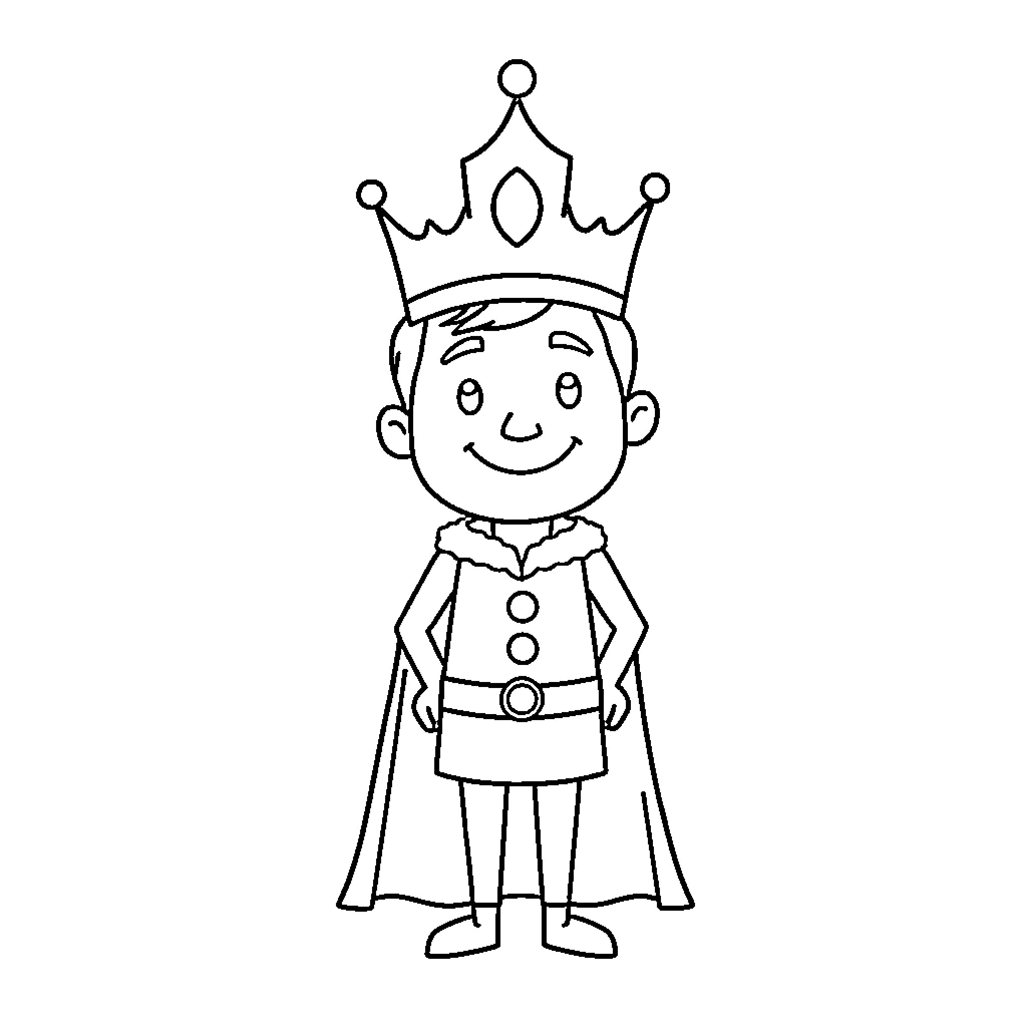 Prince Wearing Crown and Cloak in Cartoon Style Coloring Page (free black-and-white line drawing printable PDF for all, from beginners to advanced learners, including children, teens, adults, and seniors)