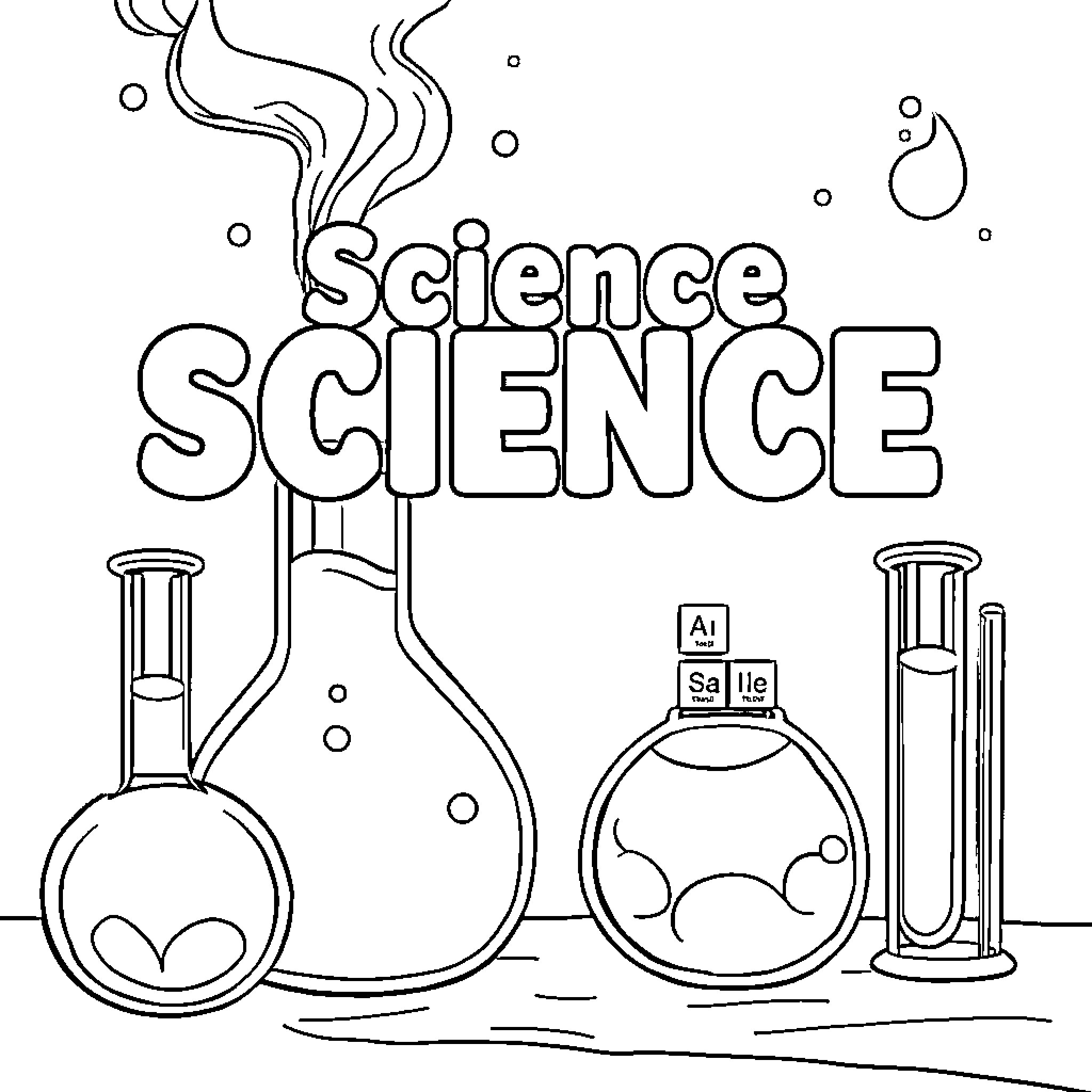 Chemistry Experiment Lab Equipment and Bubbles Coloring Page (free black-and-white line drawing printable PDF for all, from beginners to advanced learners, including children, teens, adults, and seniors)