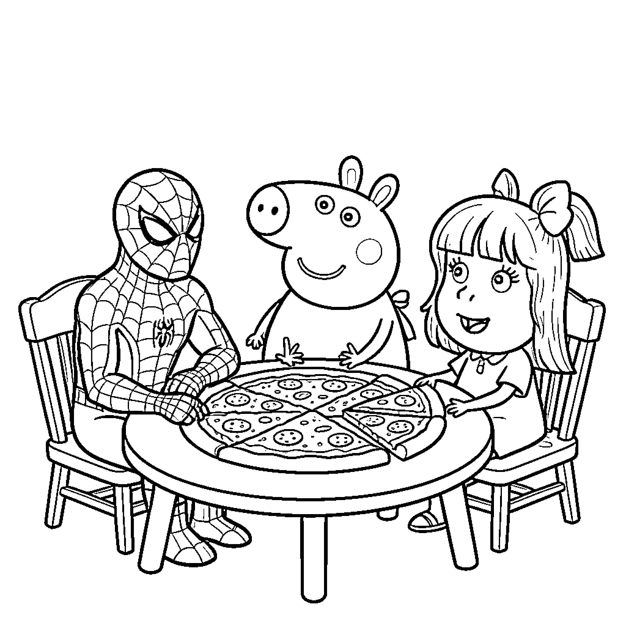 Spiderman eating pizza with Peppa Pig and a girl Coloring Page (free black-and-white line drawing printable PDF for all, from beginners to advanced learners, including children, teens, adults, and seniors)
