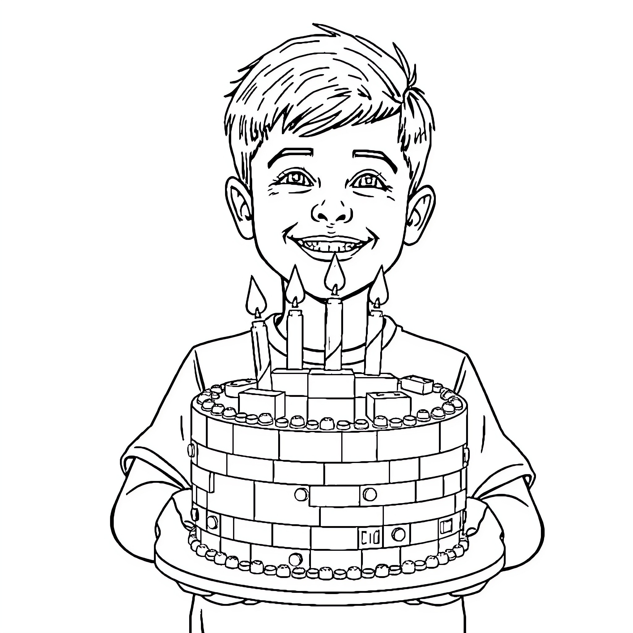 Boy Celebrating Birthday with Cake Coloring Page (free black-and-white line drawing printable PDF for all, from beginners to advanced learners, including children, teens, adults, and seniors)