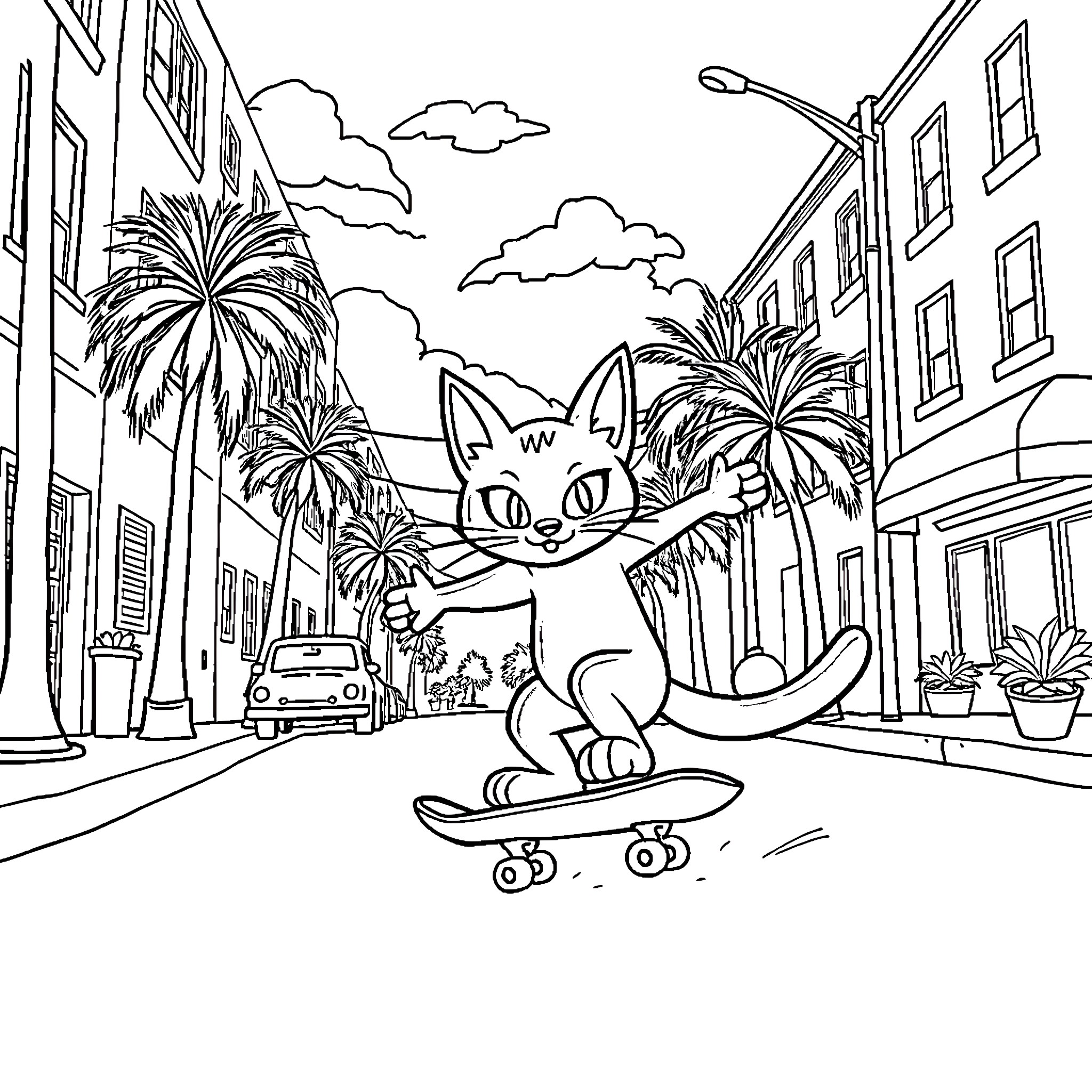 Chat with a Skateboarding Cat in the City Coloring Page (free black-and-white line drawing printable PDF for all, from beginners to advanced learners, including children, teens, adults, and seniors)