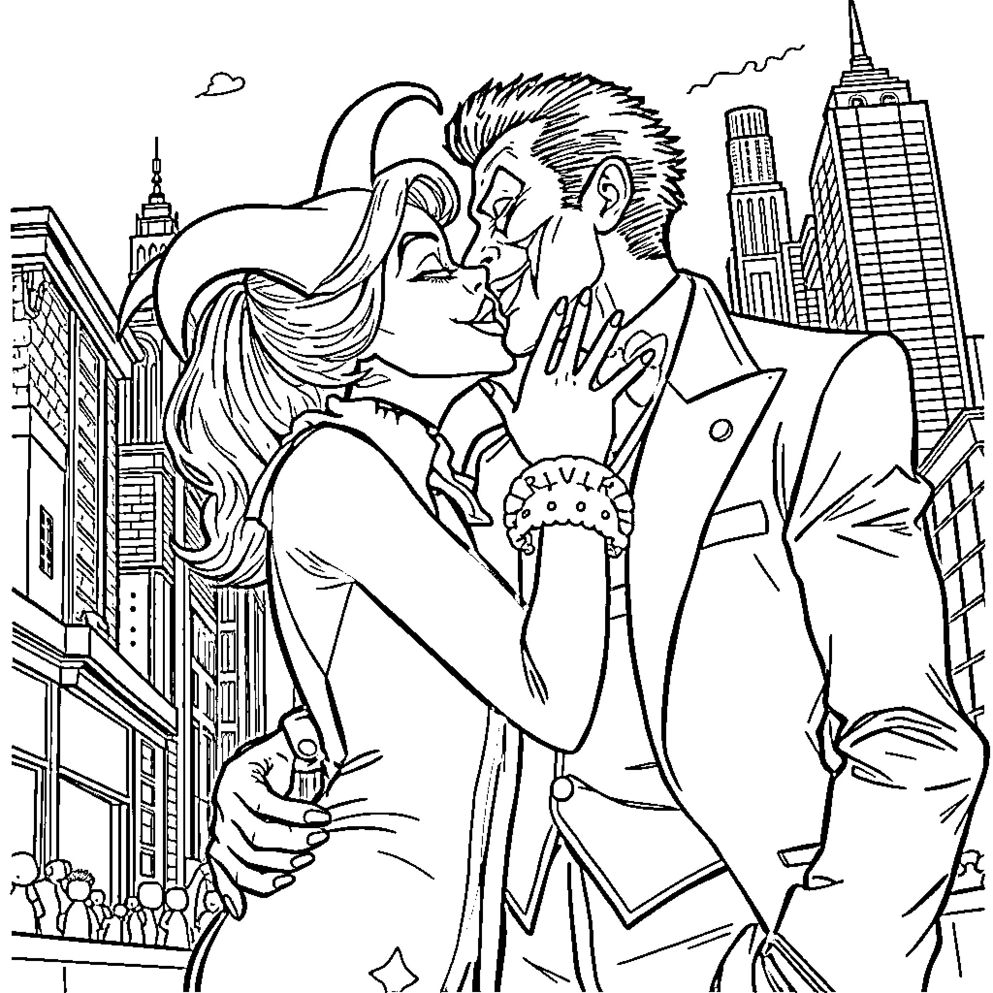 Harley Quinn and her partner embracing in the city Coloring Page (free black-and-white line drawing printable PDF for all, from beginners to advanced learners, including children, teens, adults, and seniors)