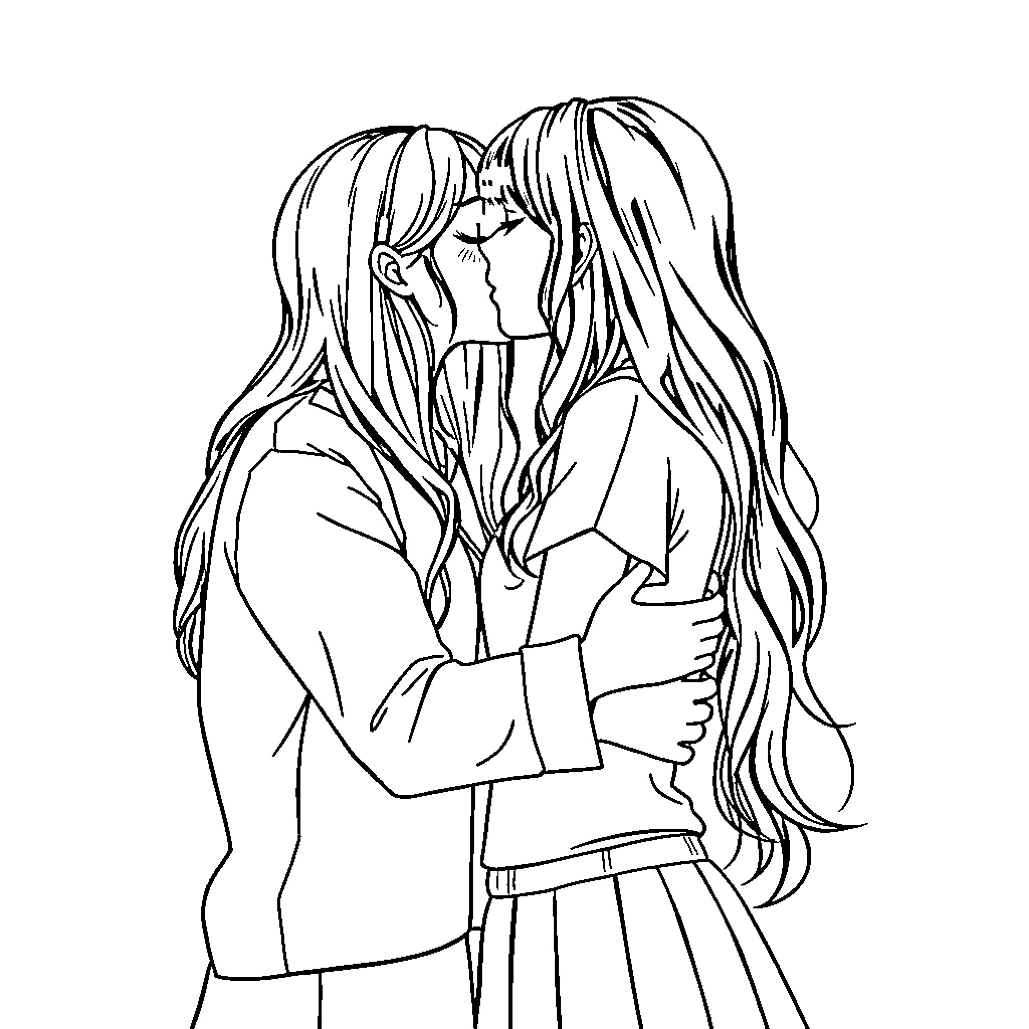 Girl Embracing Tenderly in Affectionate Scene Coloring Page (free black-and-white line drawing printable PDF for all, from beginners to advanced learners, including children, teens, adults, and seniors)