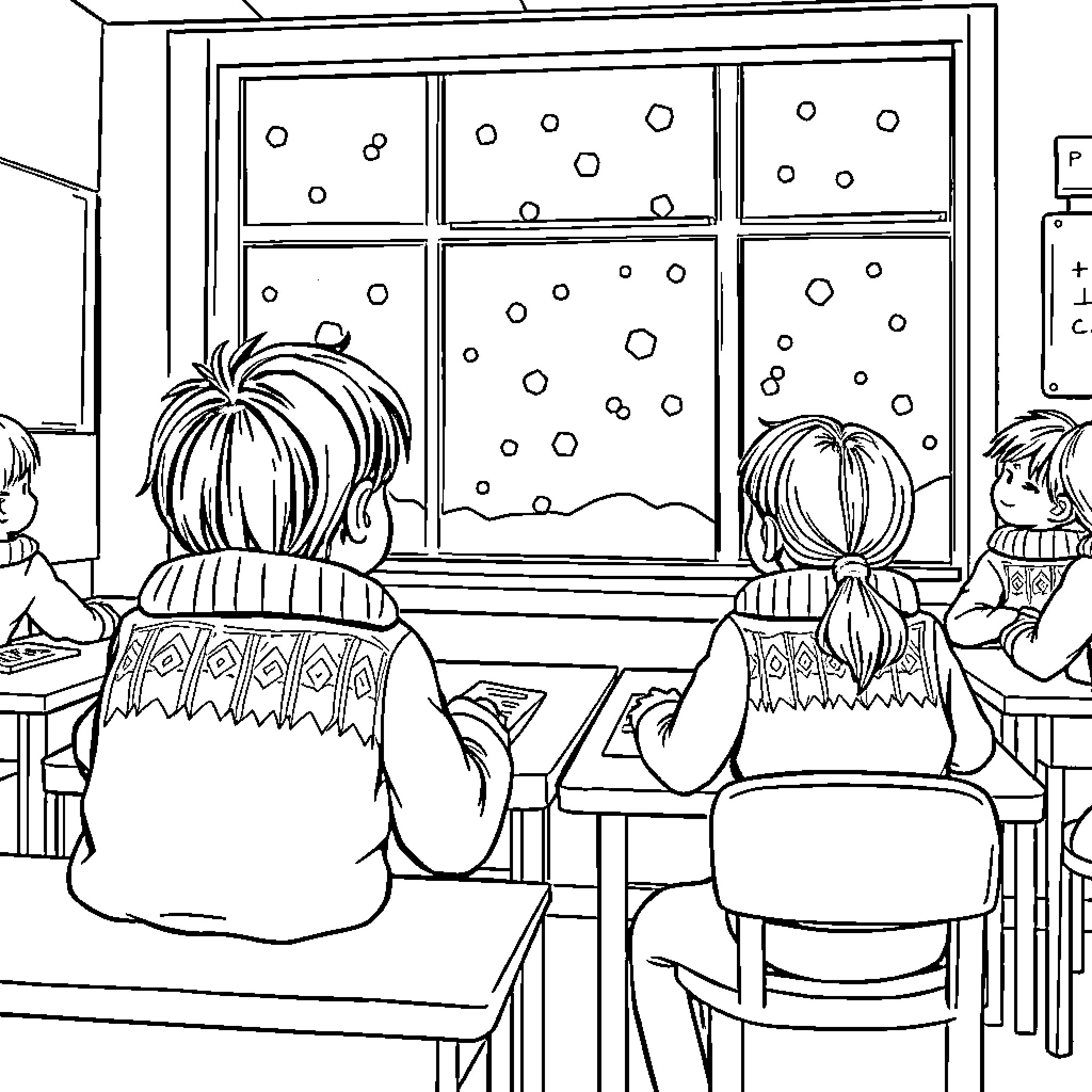 Pupils Exploring the Snowy Window Wonderland Coloring Page (free black-and-white line drawing printable PDF for all, from beginners to advanced learners, including children, teens, adults, and seniors)