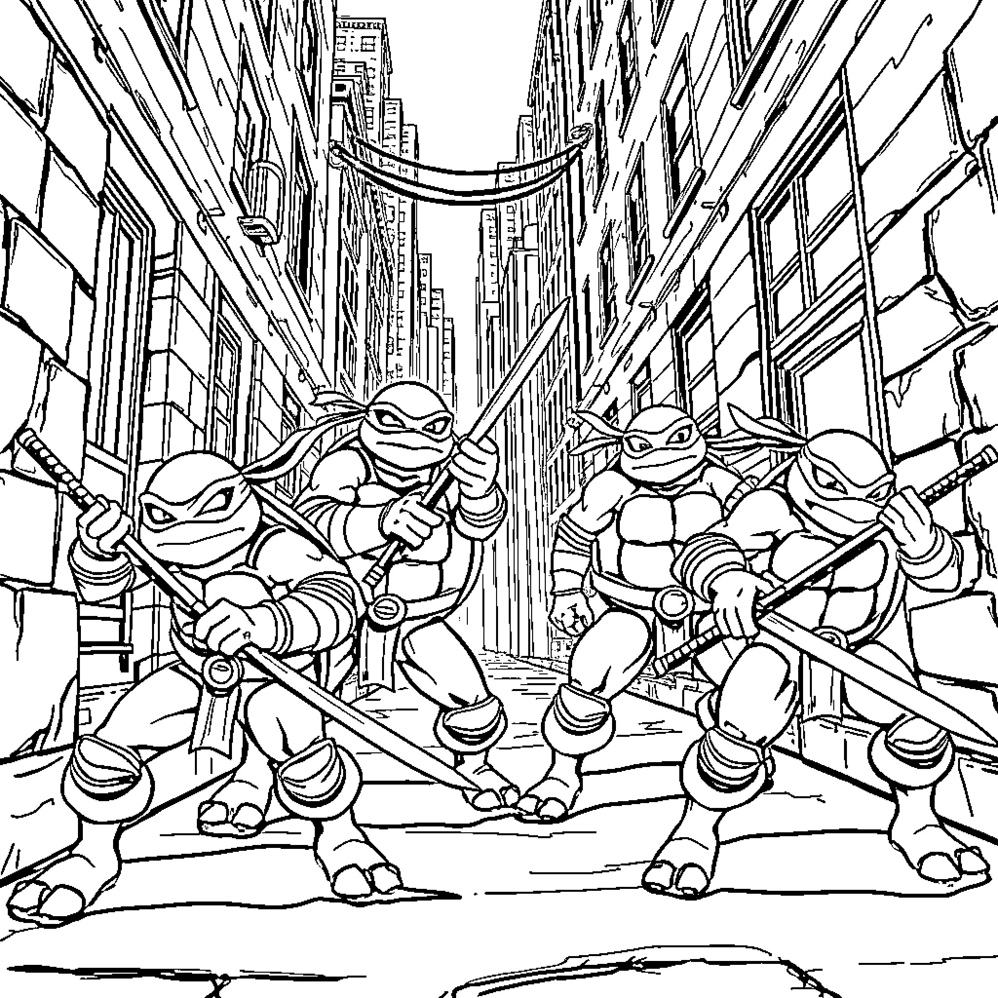 Teenage Mutant Ninja Turtles battle in the city Coloring Page (free black-and-white line drawing printable PDF for all, from beginners to advanced learners, including children, teens, adults, and seniors)