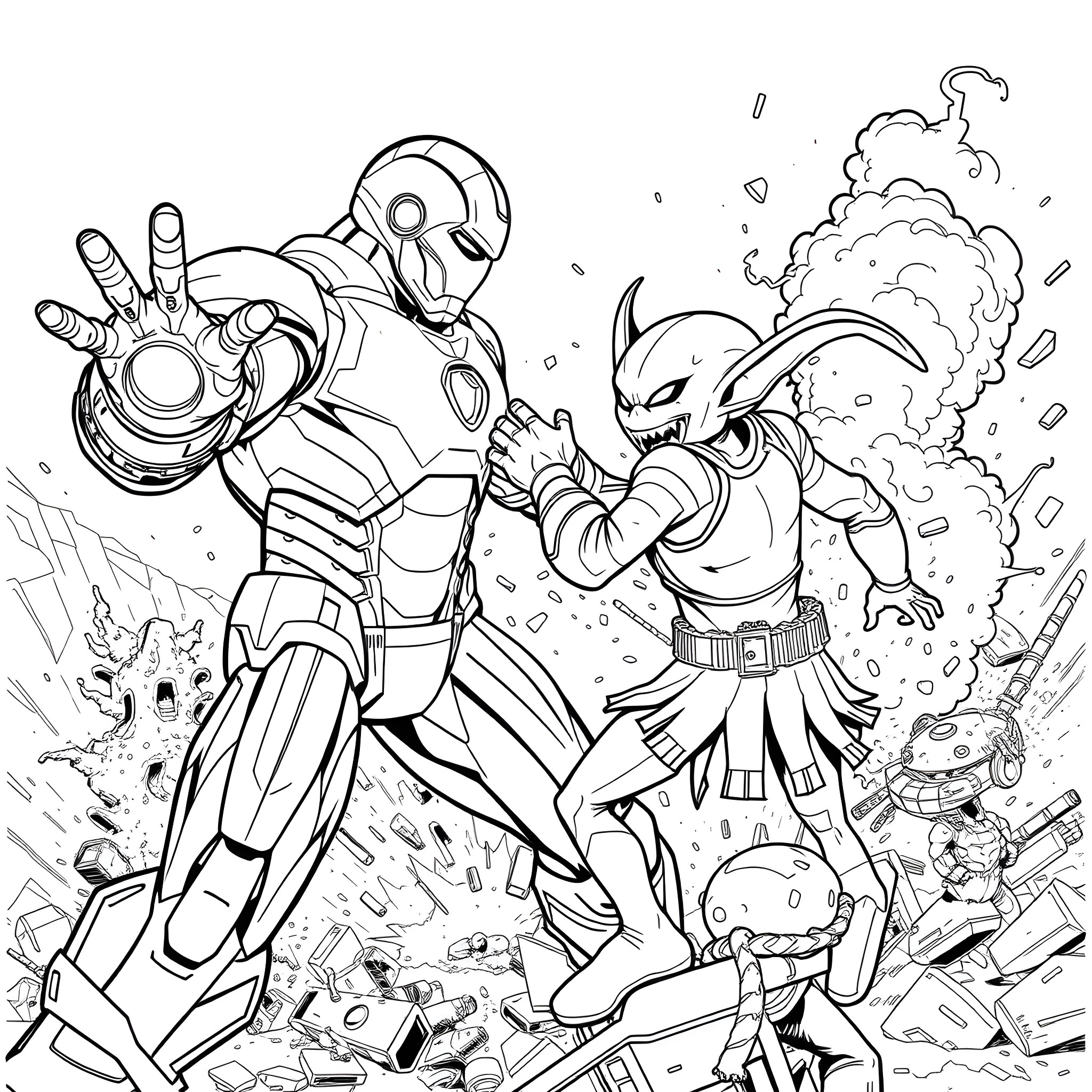 Goblin Warrior Engaging in Heroic Battle with Armored Foe Coloring Page (free black-and-white line drawing printable PDF for all, from beginners to advanced learners, including children, teens, adults, and seniors)