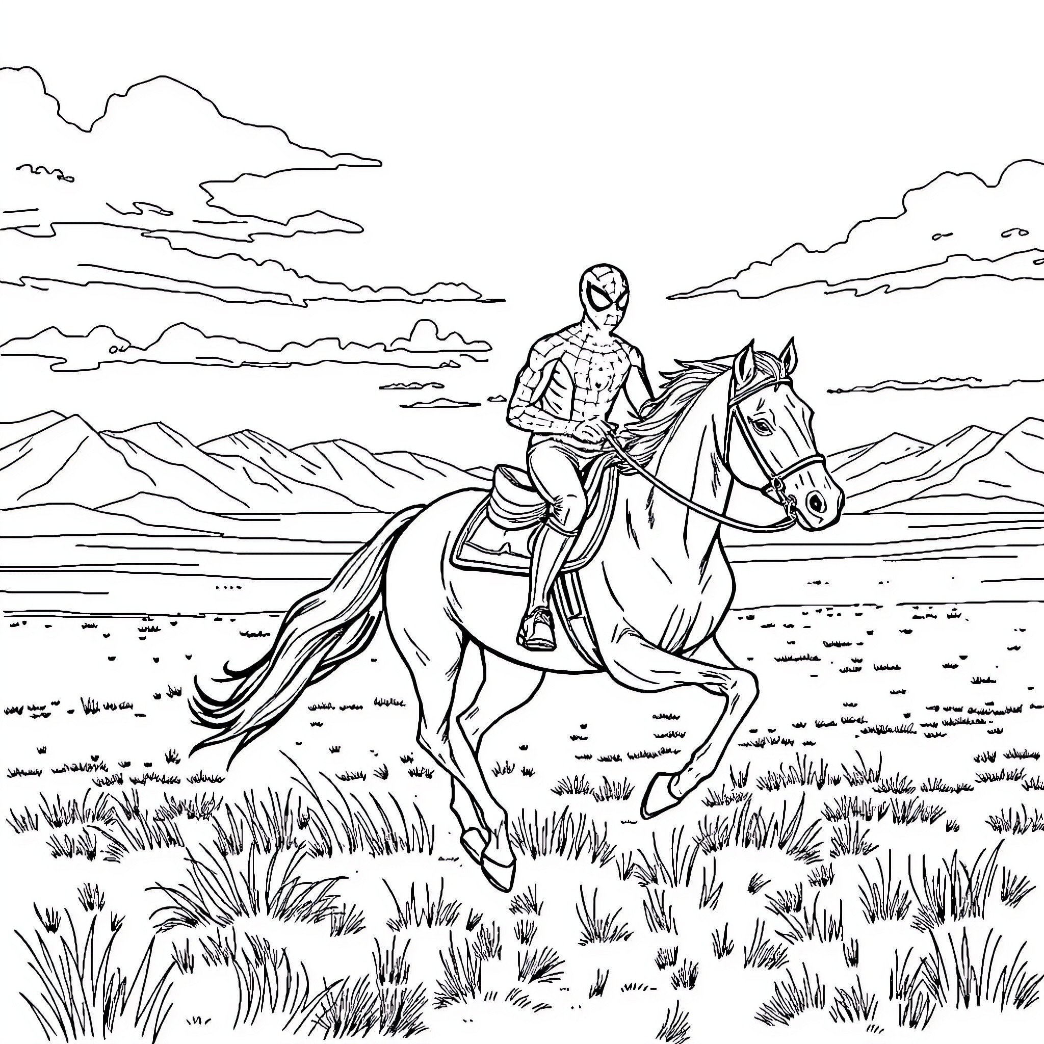 Spiderman Rides Across the Countryside on Horseback Coloring Page (free black-and-white line drawing printable PDF for all, from beginners to advanced learners, including children, teens, adults, and seniors)