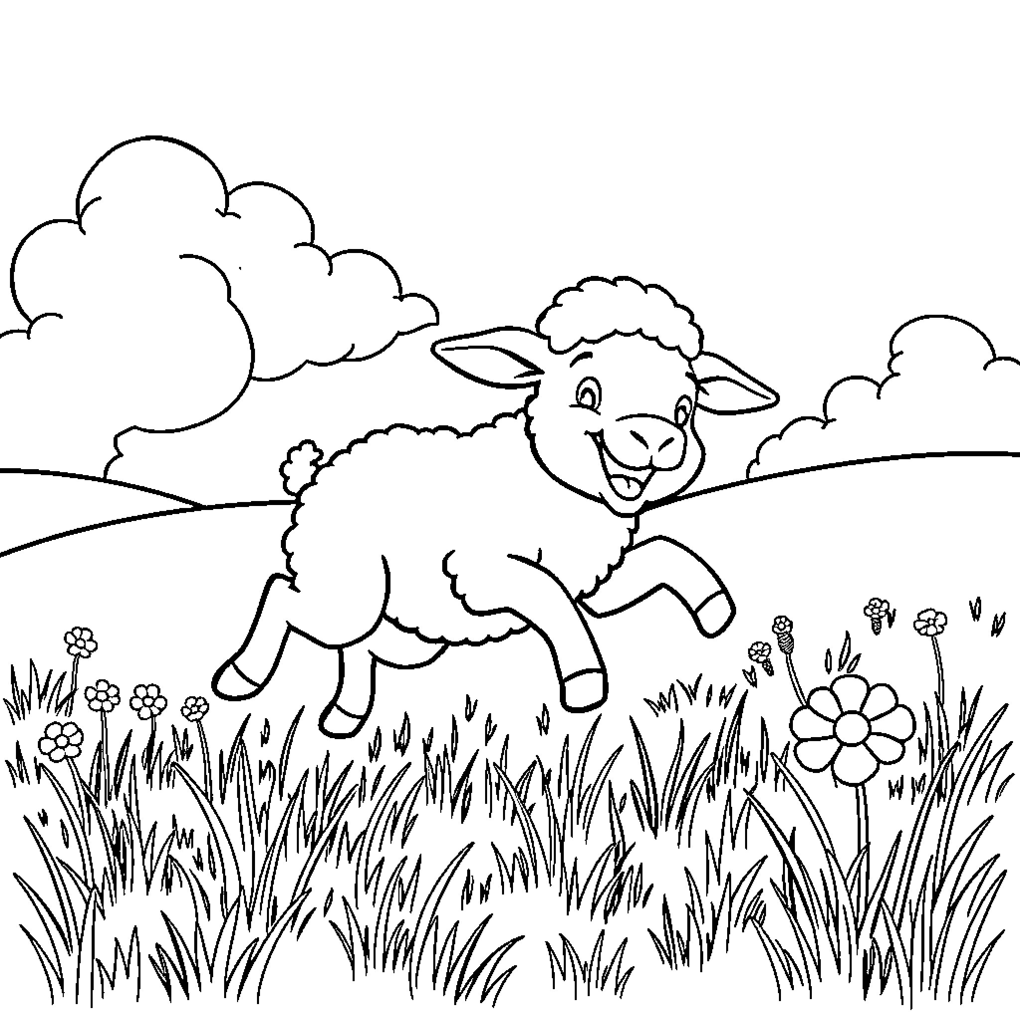 Sheep frolicking happily in the meadow Coloring Page (free black-and-white line drawing printable PDF for all, from beginners to advanced learners, including children, teens, adults, and seniors)
