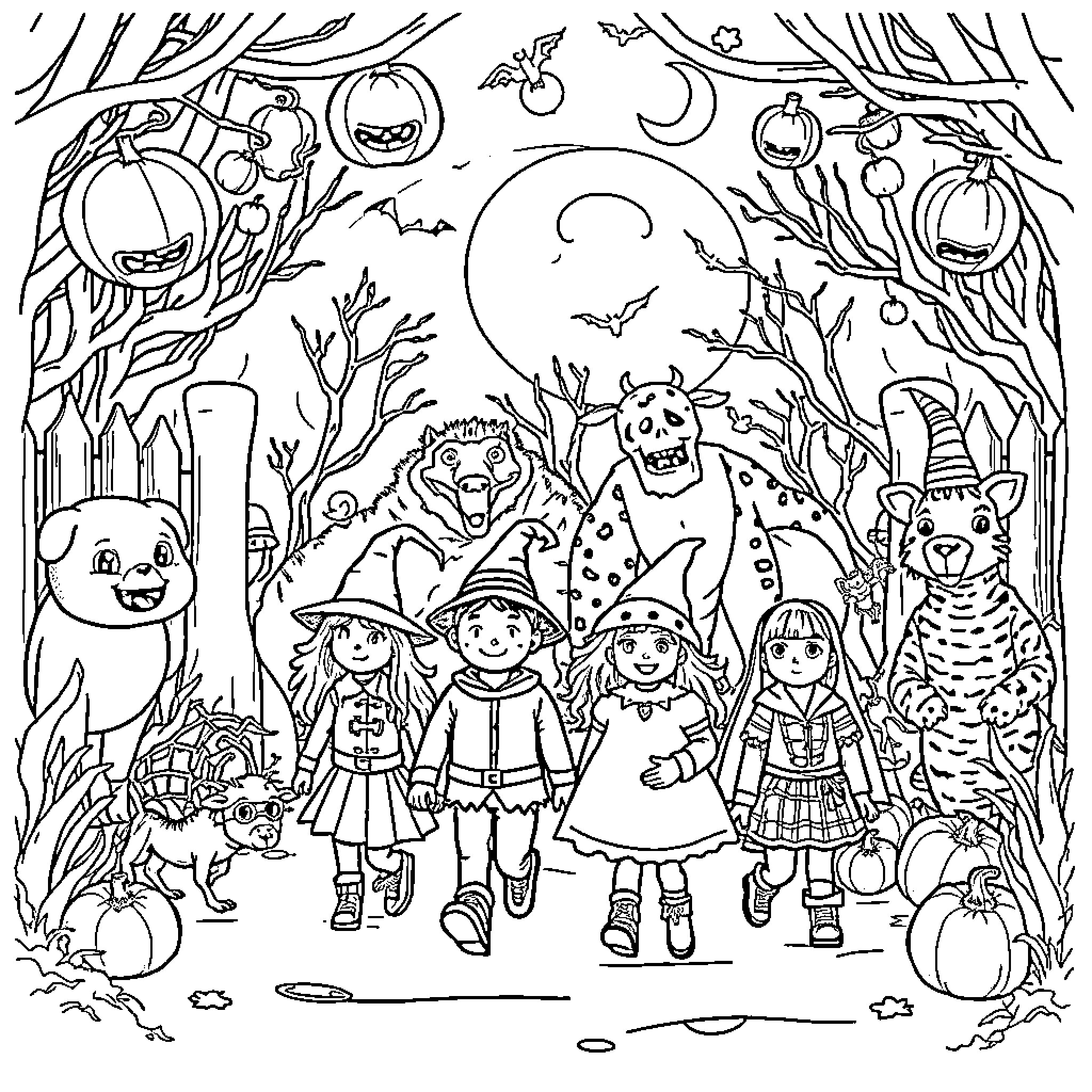 Zoo of Halloween costumes and characters Coloring Page (free black-and-white line drawing printable PDF for all, from beginners to advanced learners, including children, teens, adults, and seniors)